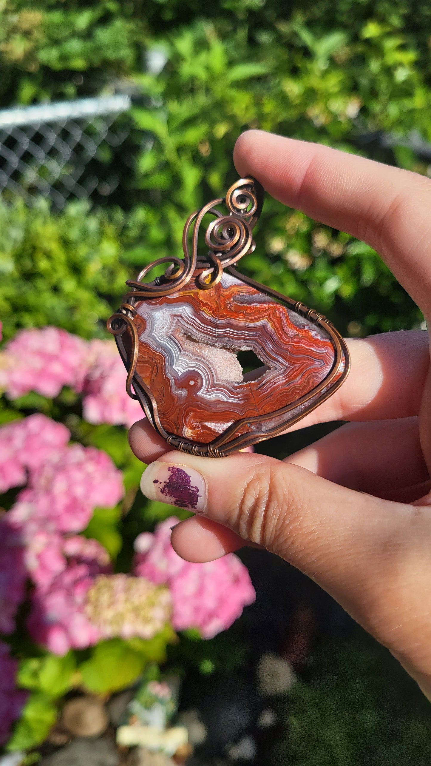 Crazy Lace Agate W/ Druzy Copper Wire Wrap Pendant