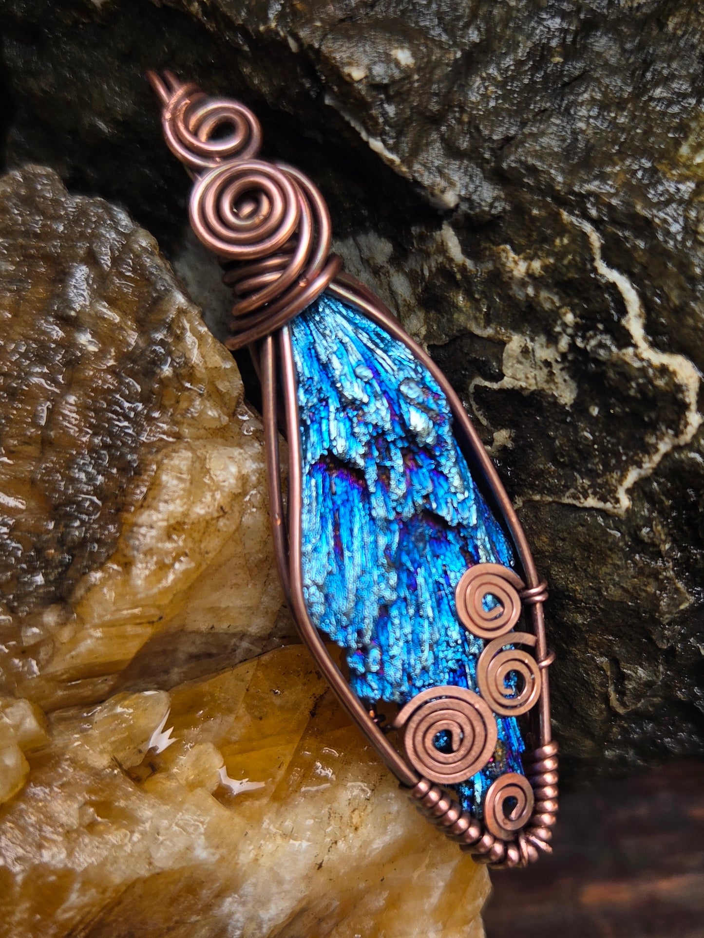 Blue Titanium Aura Kyanite Blade Copper Wire Wrap Pendant