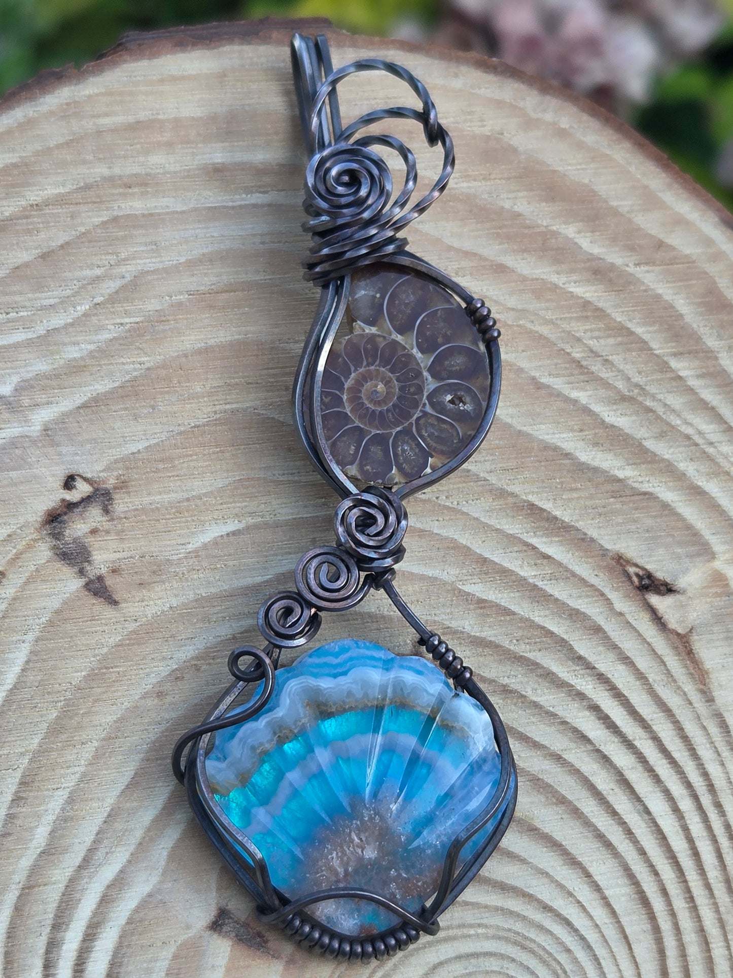 Ammonite Fossil & Plume Agate Aurora Opal Seashell Shaped Doublet Totem Pendant