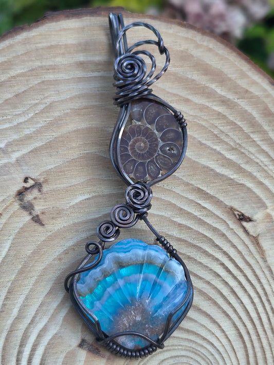 Ammonite Fossil & Plume Agate Aurora Opal Seashell Shaped Doublet Totem Pendant