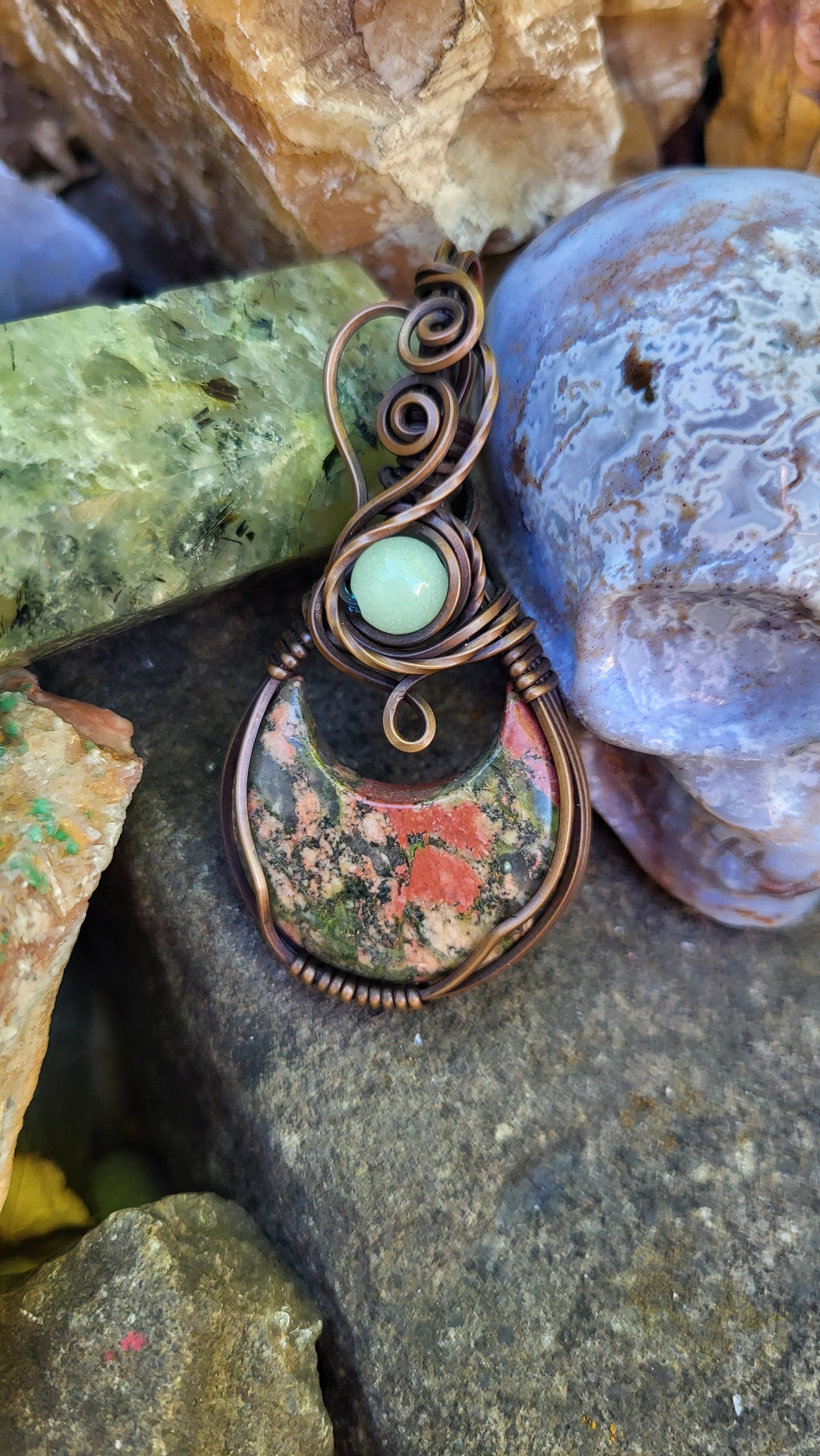Unakite Jasper Crescent Moon w/ Green Glow Stone Copper Wire Wrap Pendant