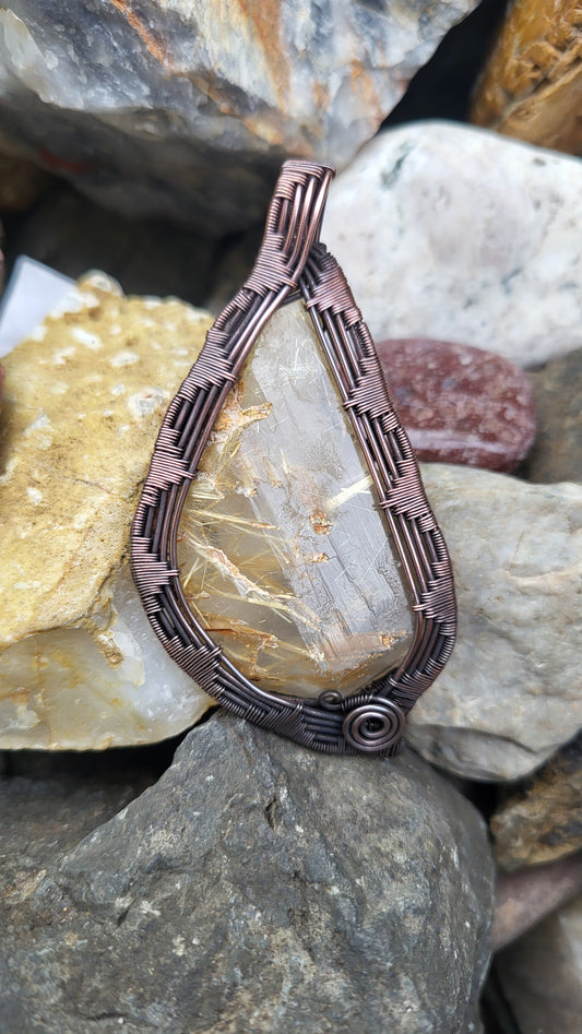 Golden Rutilated Quartz Copper Wire Wrap Pendant