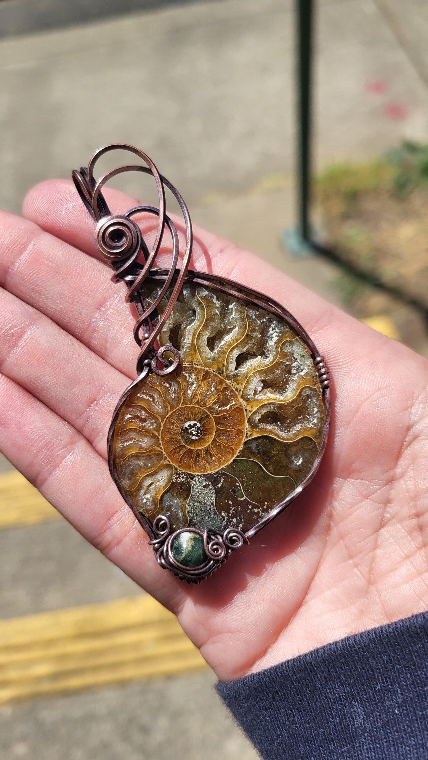 Ammonite Fossil w/ Moss Agate Accent Copper Wire Wrap Pendant