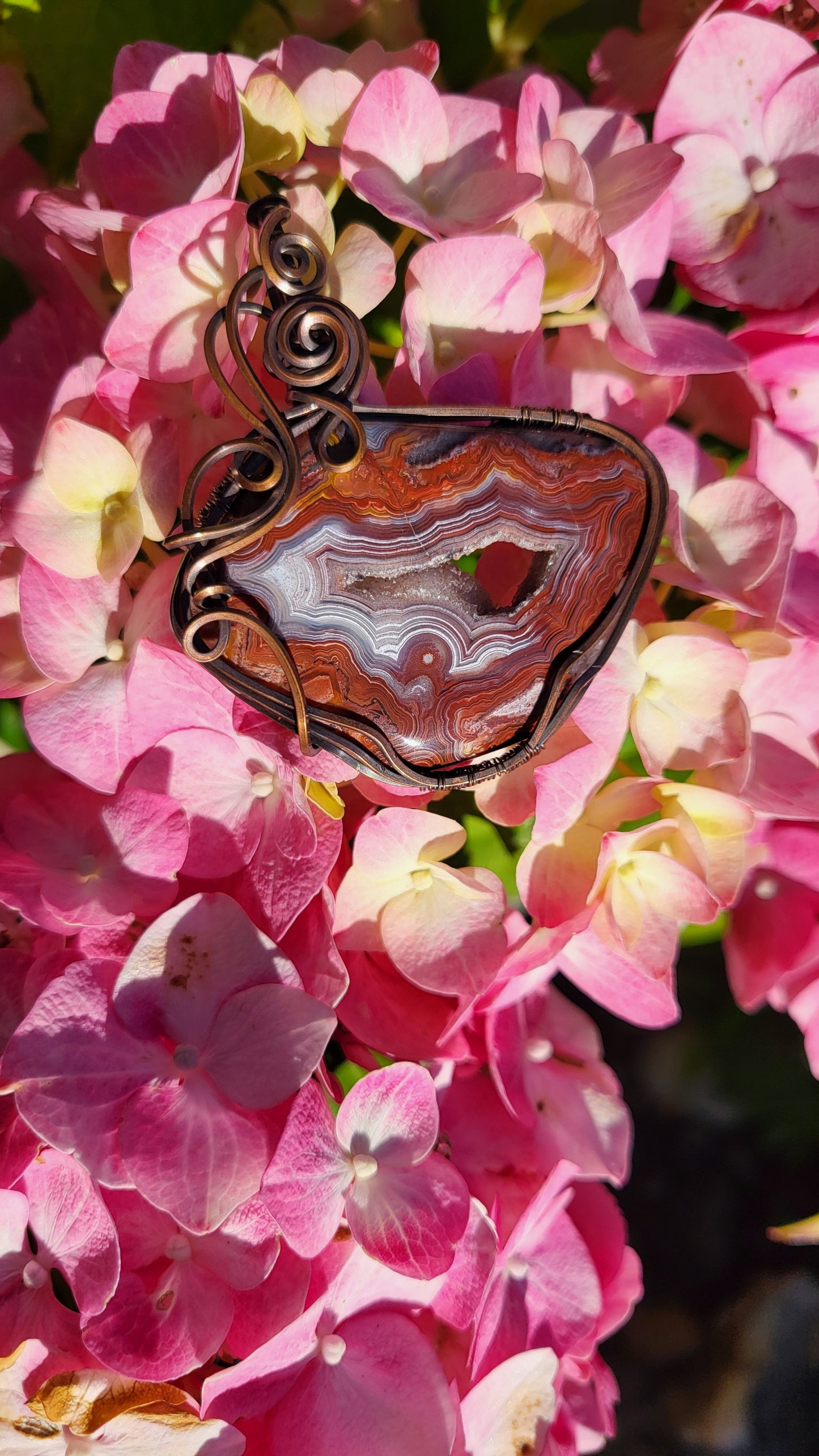 Crazy Lace Agate W/ Druzy Copper Wire Wrap Pendant