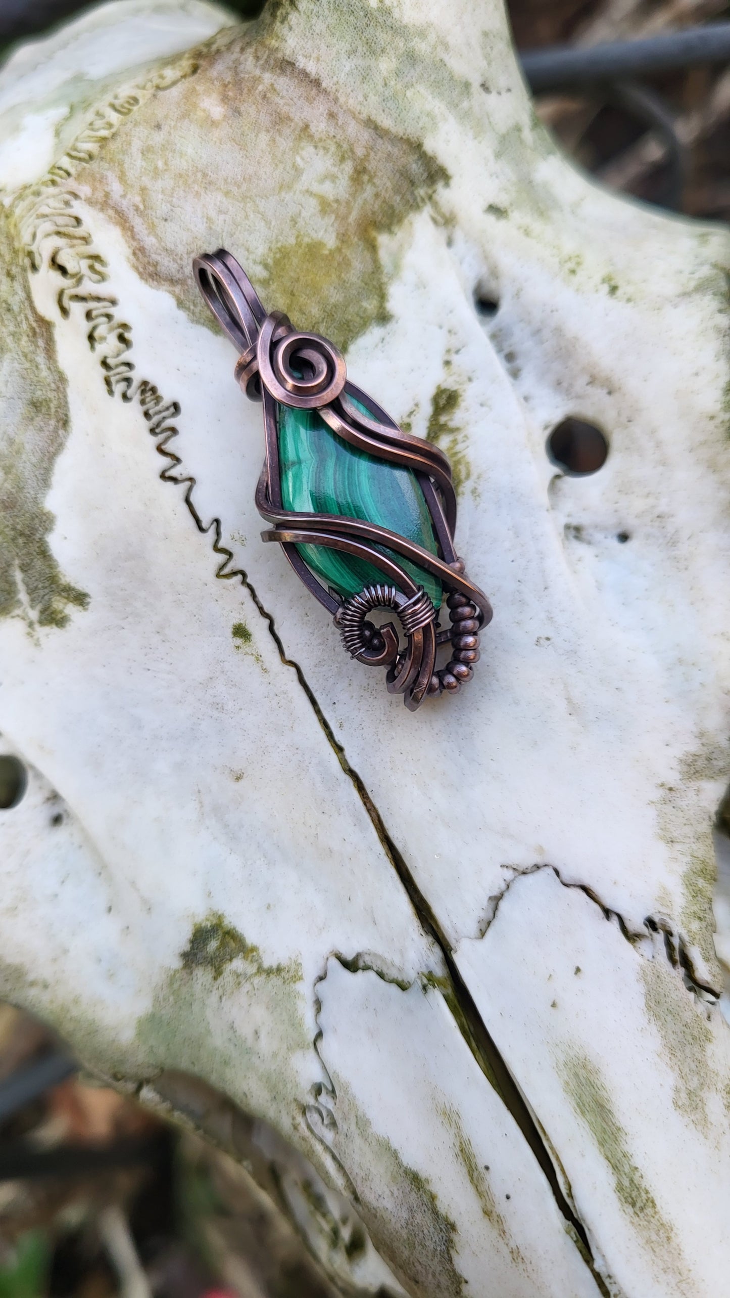 Malachite Oxidized Copper Wire Wrap Pendant