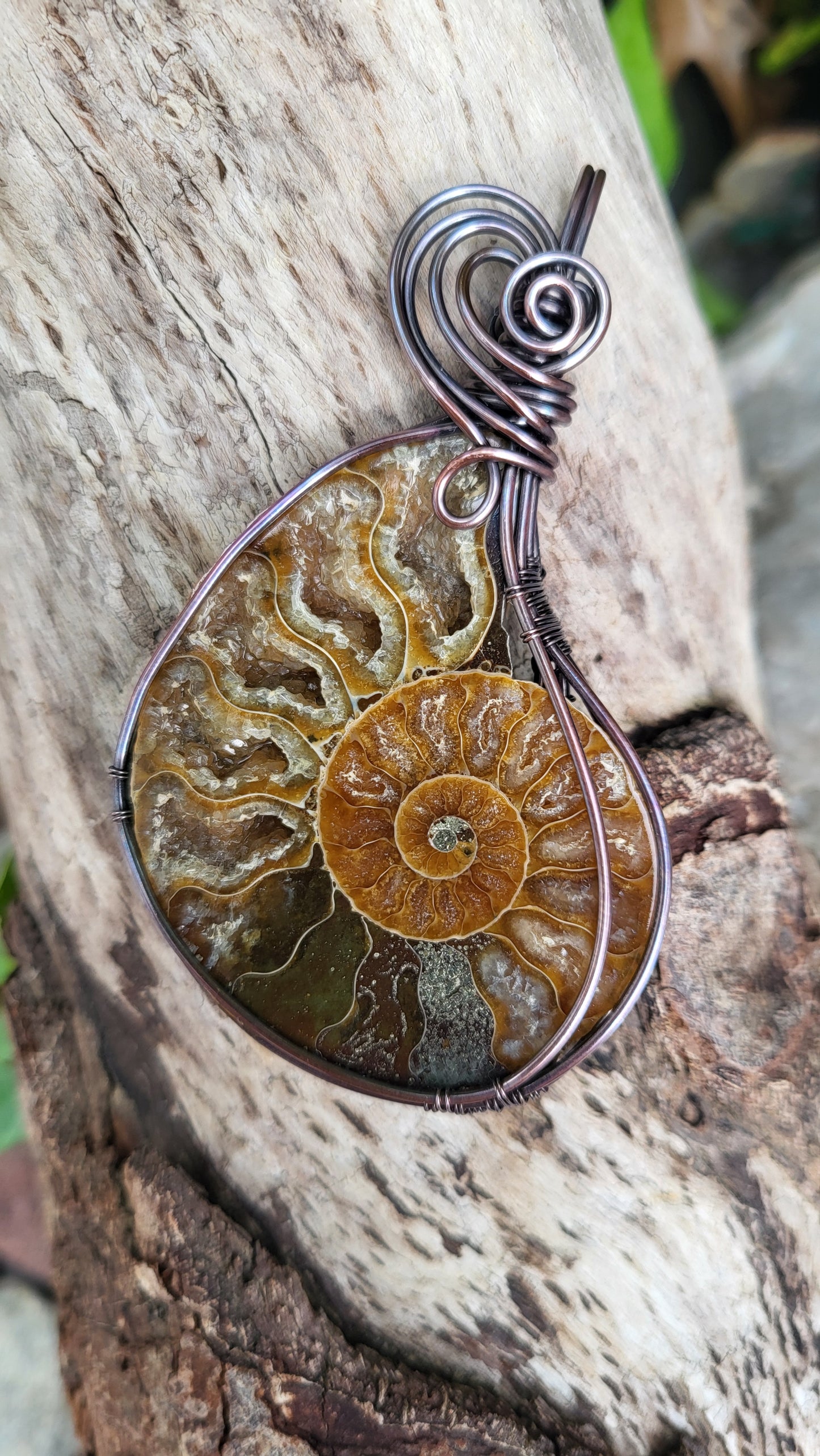 Ammonite Fossil w/ Druzy Crystals Copper Wire Wrap Pendant