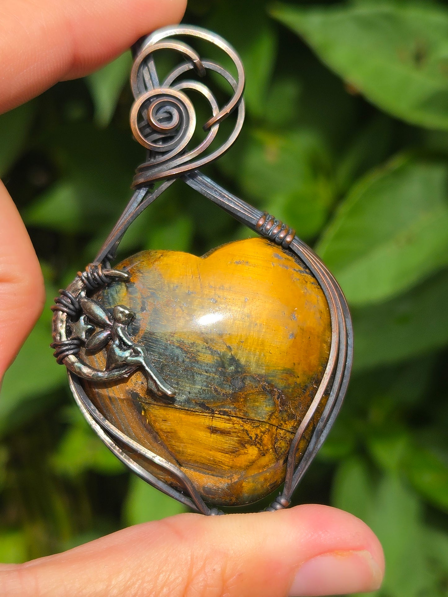 Tigers Eye Heart with Crescent Moon & Fairy Charm Pendant