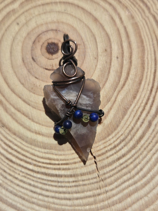 Agate Arrowhead Pendant w/ Lapis Lazuli And Peridot Accents