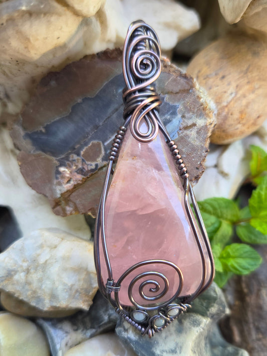 Rose Quartz Cabochon Copper Wire Wrap Pendant W/ Amazonite Accents