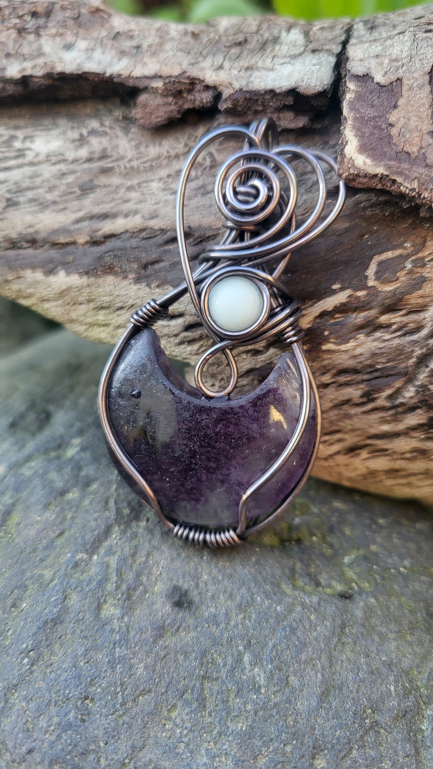 Fluorite Moon Pendant w/ Blue Glow Stone