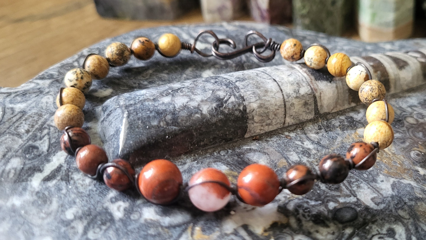 Copper Wire Wrap Stone Bead Bracelet Sz.  7.5