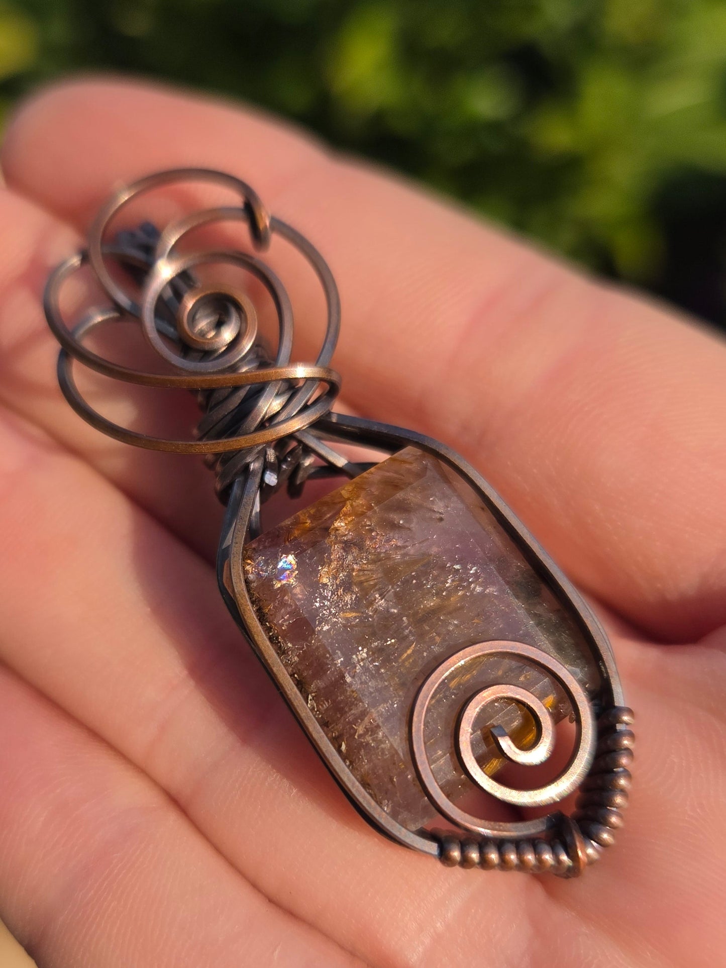 Cacoxenite Facet Copper Pendant