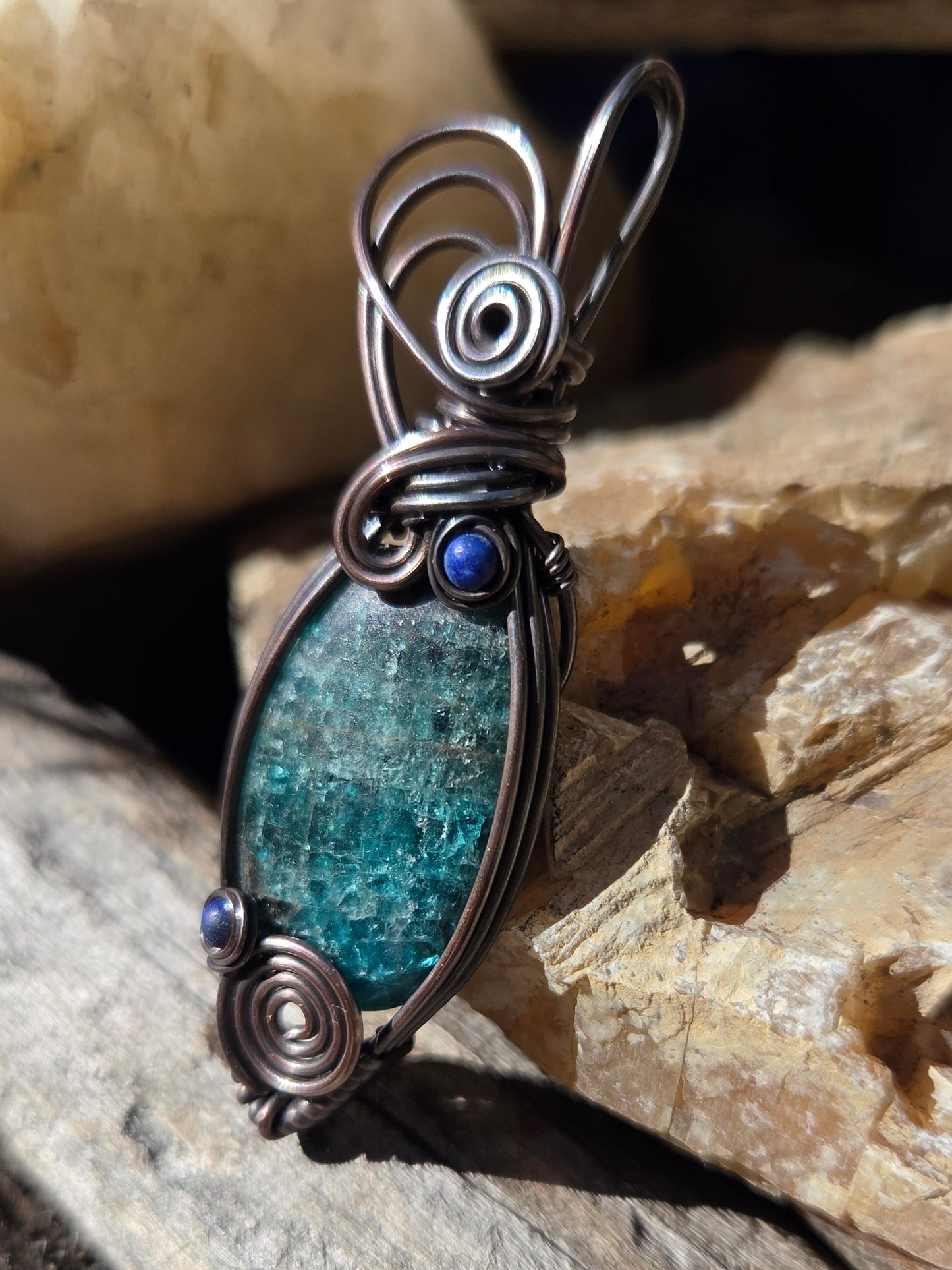 Blue Apatite Copper Wire Wrap Pendant with Lapis Lazuli Accents
