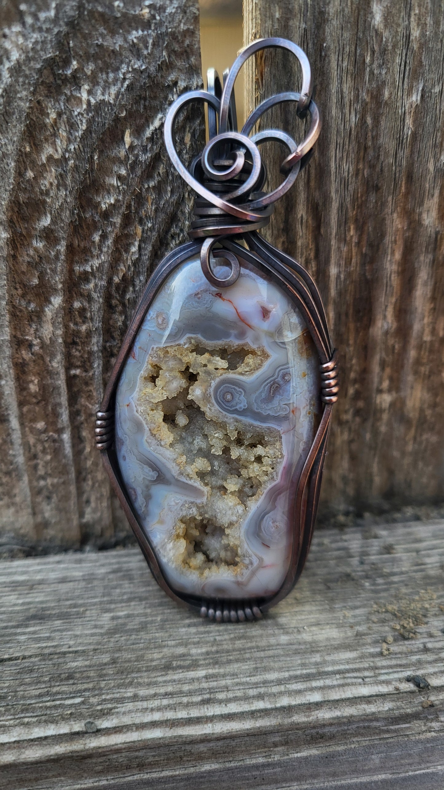 Agate w/ Druzy Crystals Copper Wire Wrap Pendant