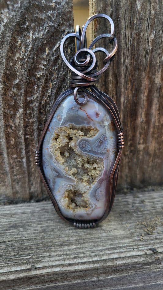 Agate w/ Druzy Crystals Copper Wire Wrap Pendant
