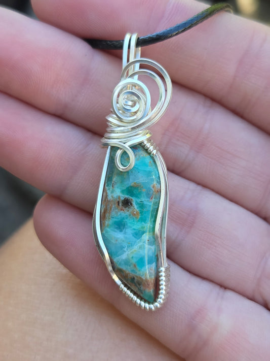 Chrysocolla  Silver Colored Copper Wire Wrap Pendant