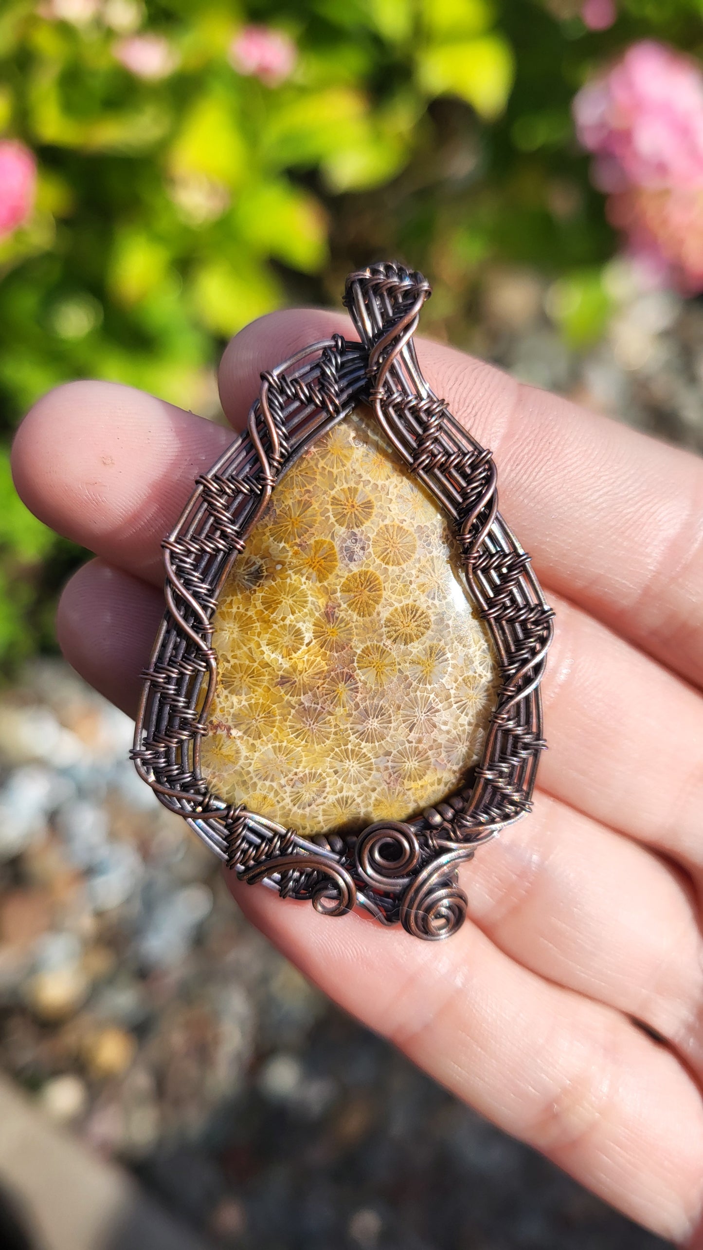 Chrysanthemum Coral Fossil Copper Wire Wrap Pendant