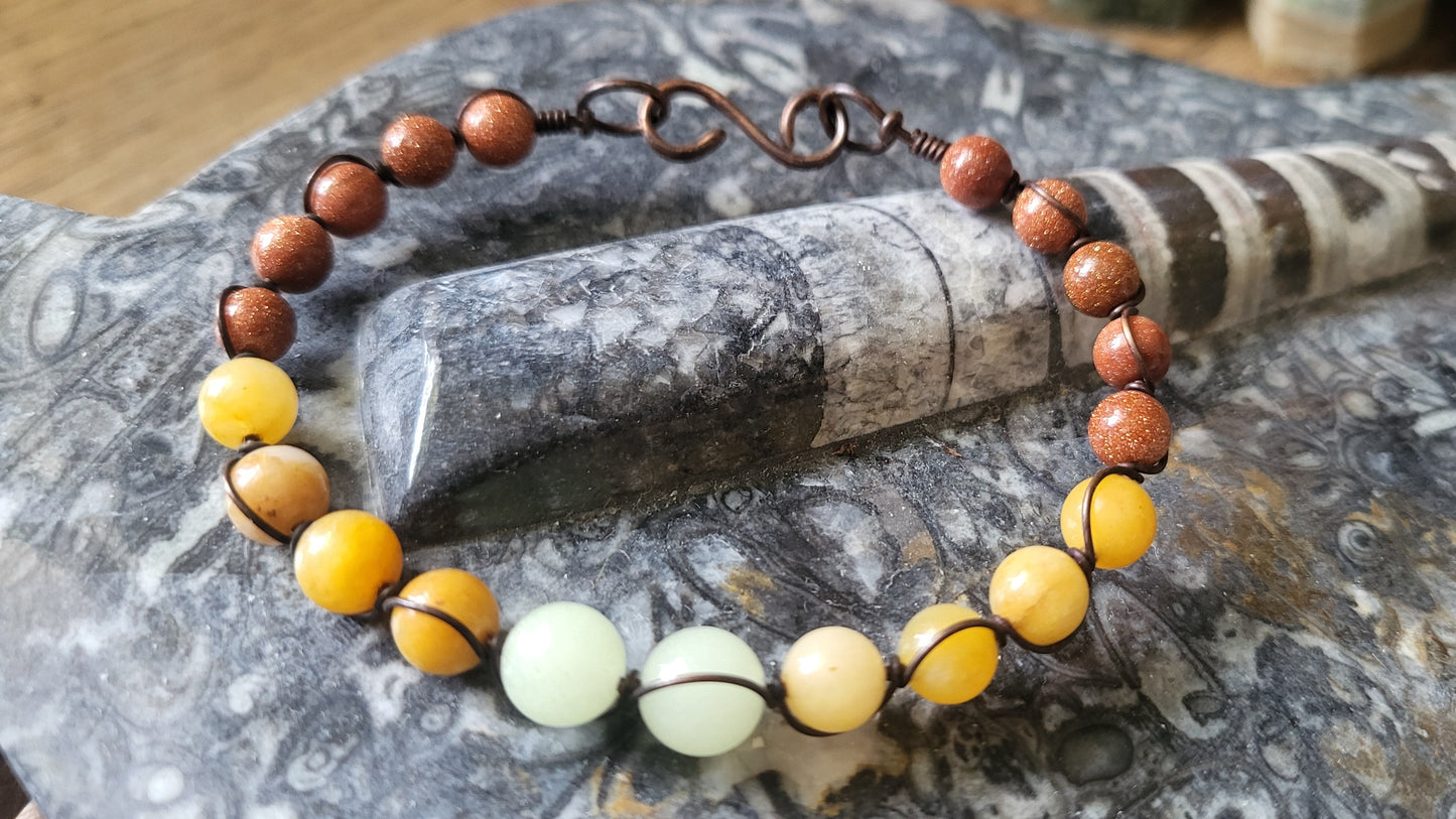 Copper Wire Wrap Stone Bead Bracelet Sz 6.5