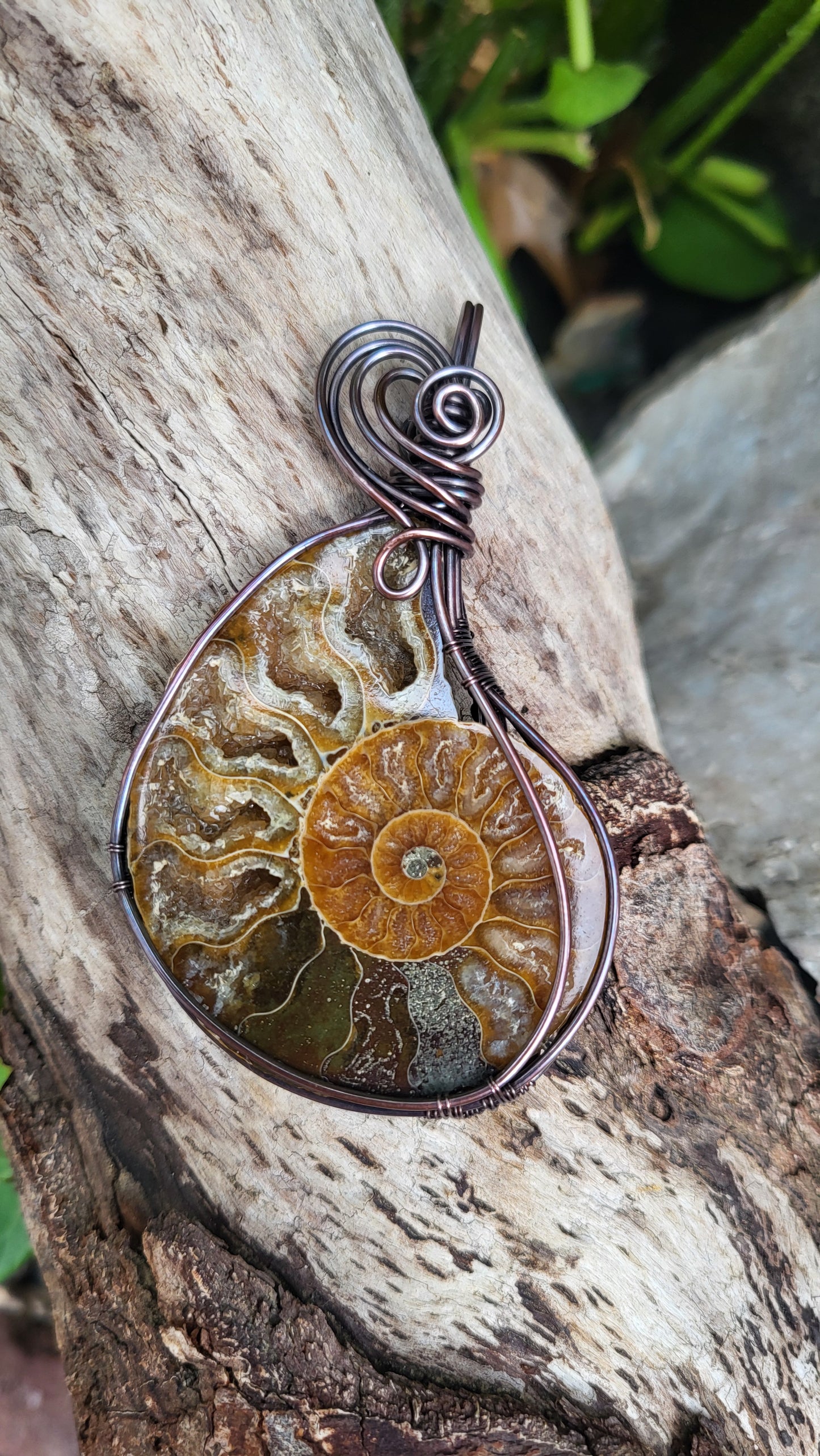 Ammonite Fossil w/ Druzy Crystals Copper Wire Wrap Pendant