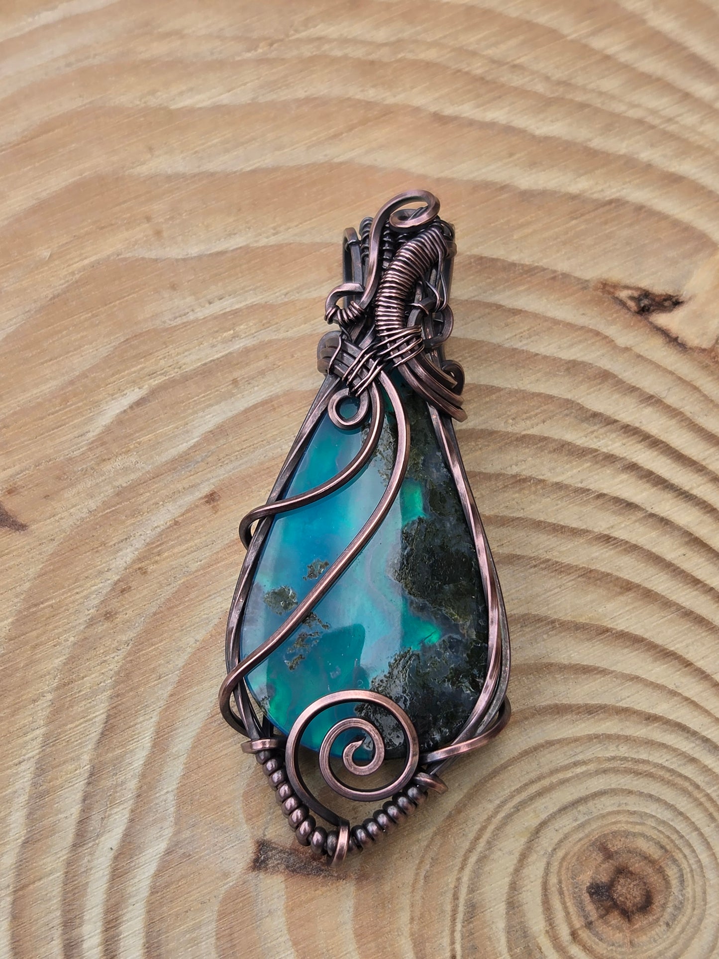 Moss Agate Aurora Opal Doublet Copper Pendant