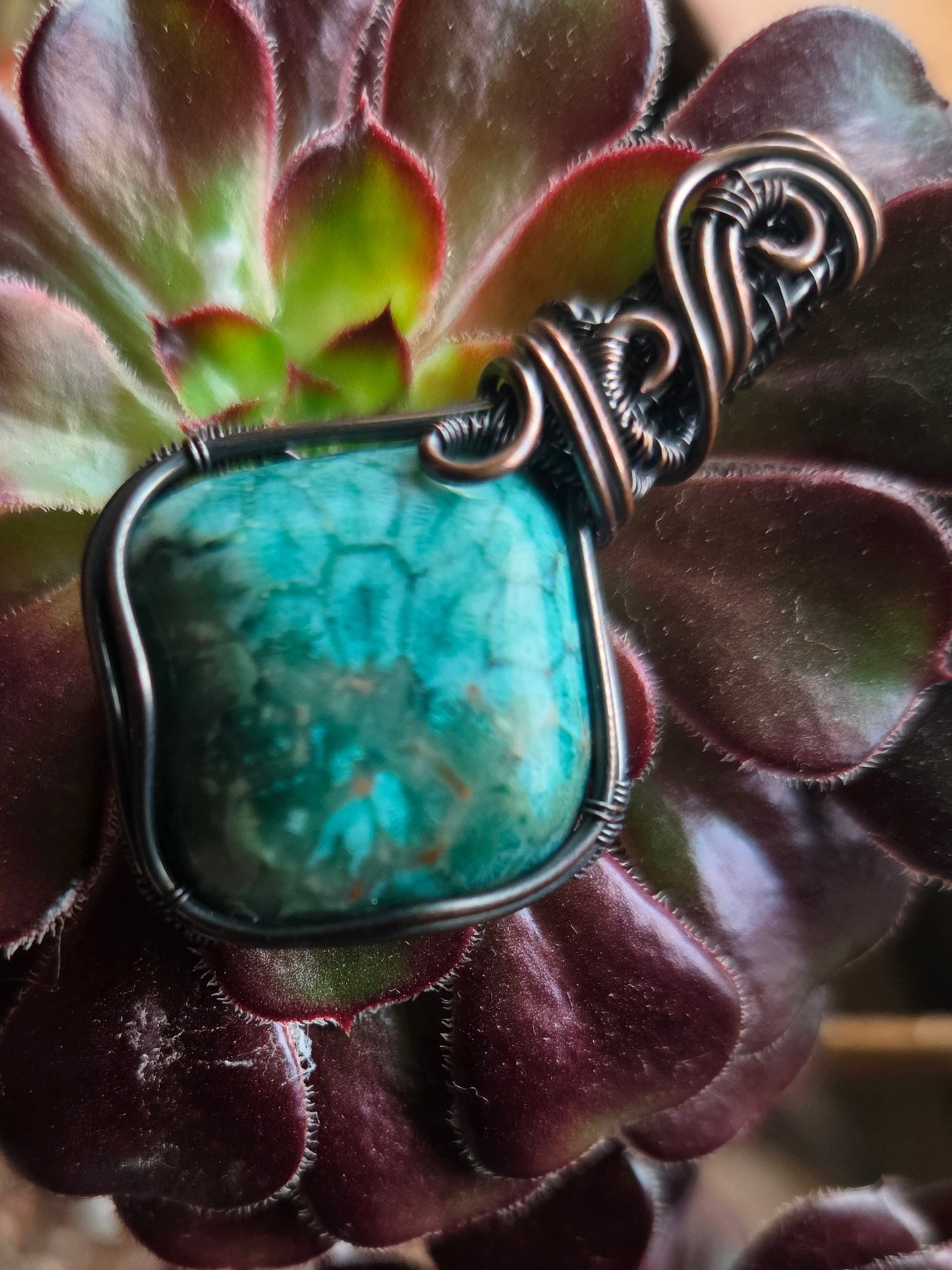 Fossilized Blue Coral Cabochon Copper Pendant
