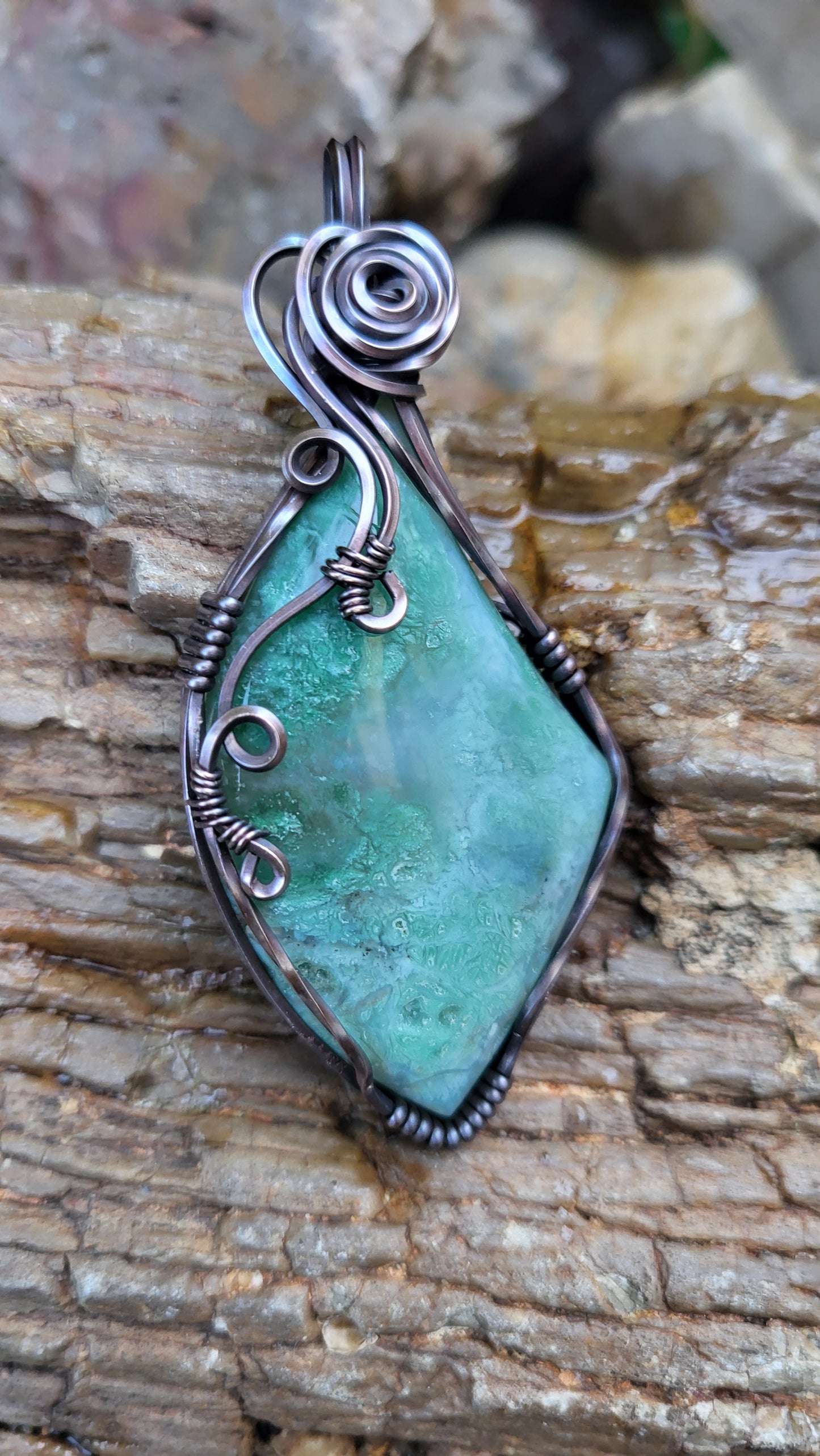 Green Chalcedony Copper Wire Wrap Pendant