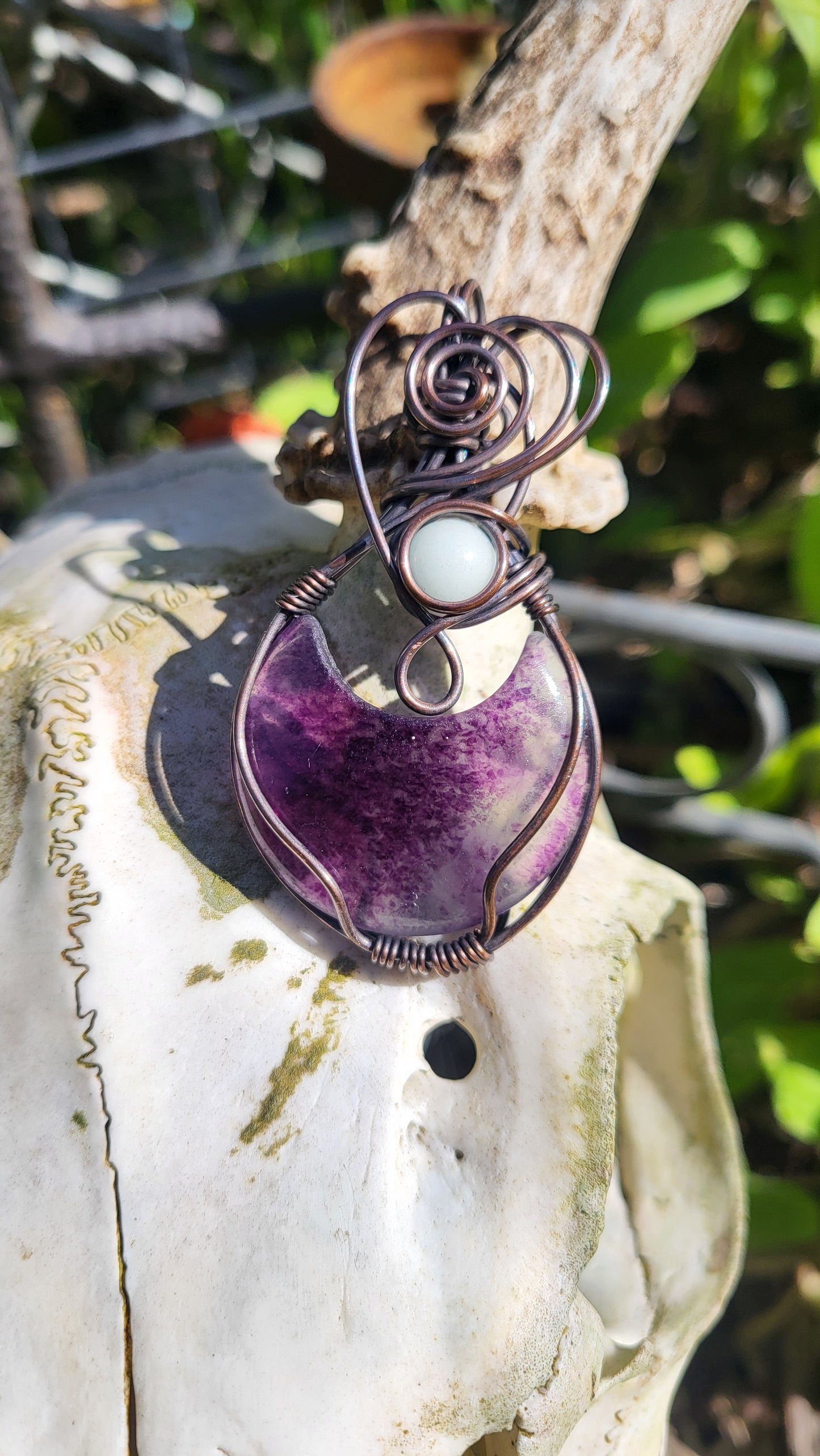 Fluorite Moon Pendant w/ Blue Glow Stone