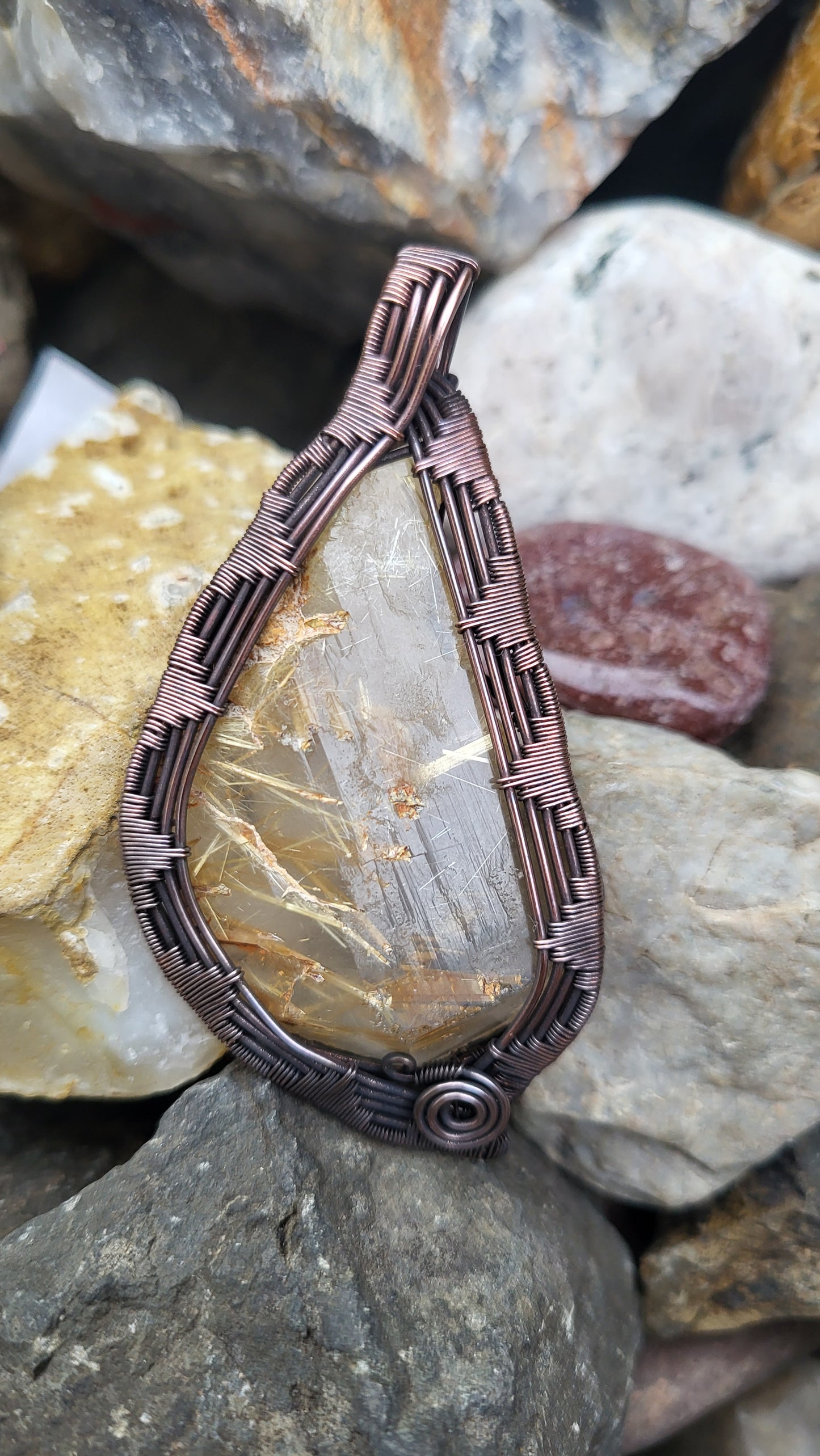 Golden Rutilated Quartz Copper Wire Wrap Pendant