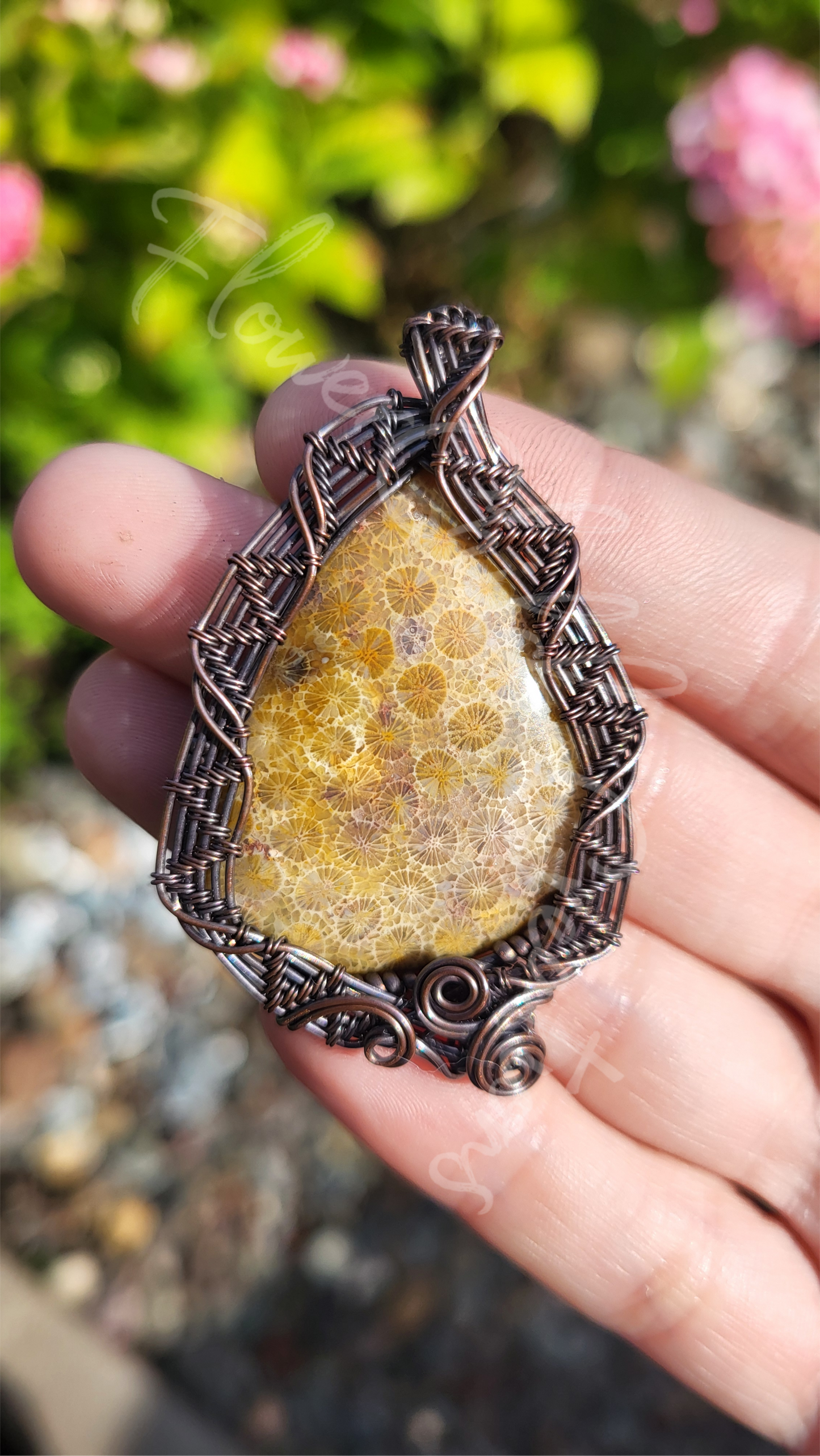 Chrysanthemum Coral Fossil Copper Wire Wrap Pendant