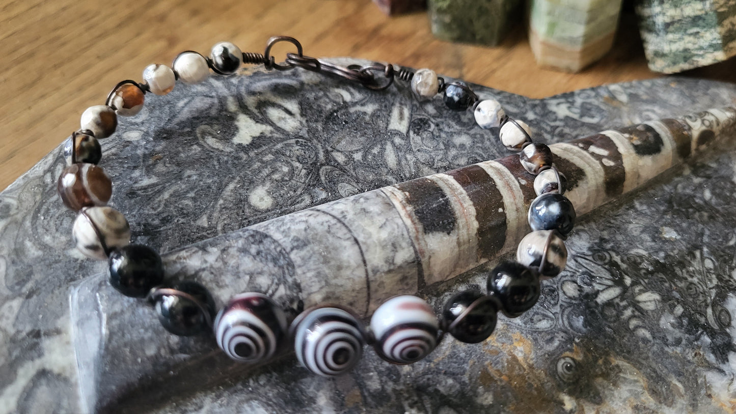 Copper Wire Wrap Stone Bead Bracelet  Sz. 8