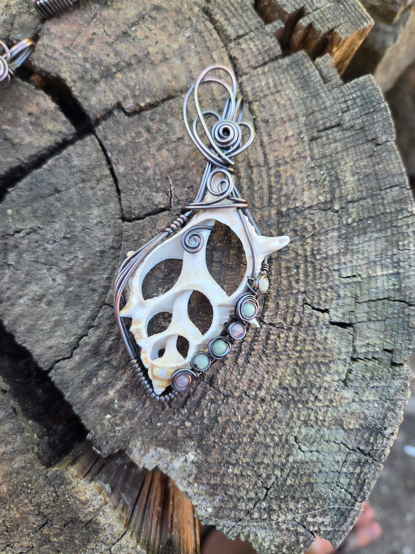 Center Cut Seashell Copper Pendant with Amethyst and Amazonite Accents