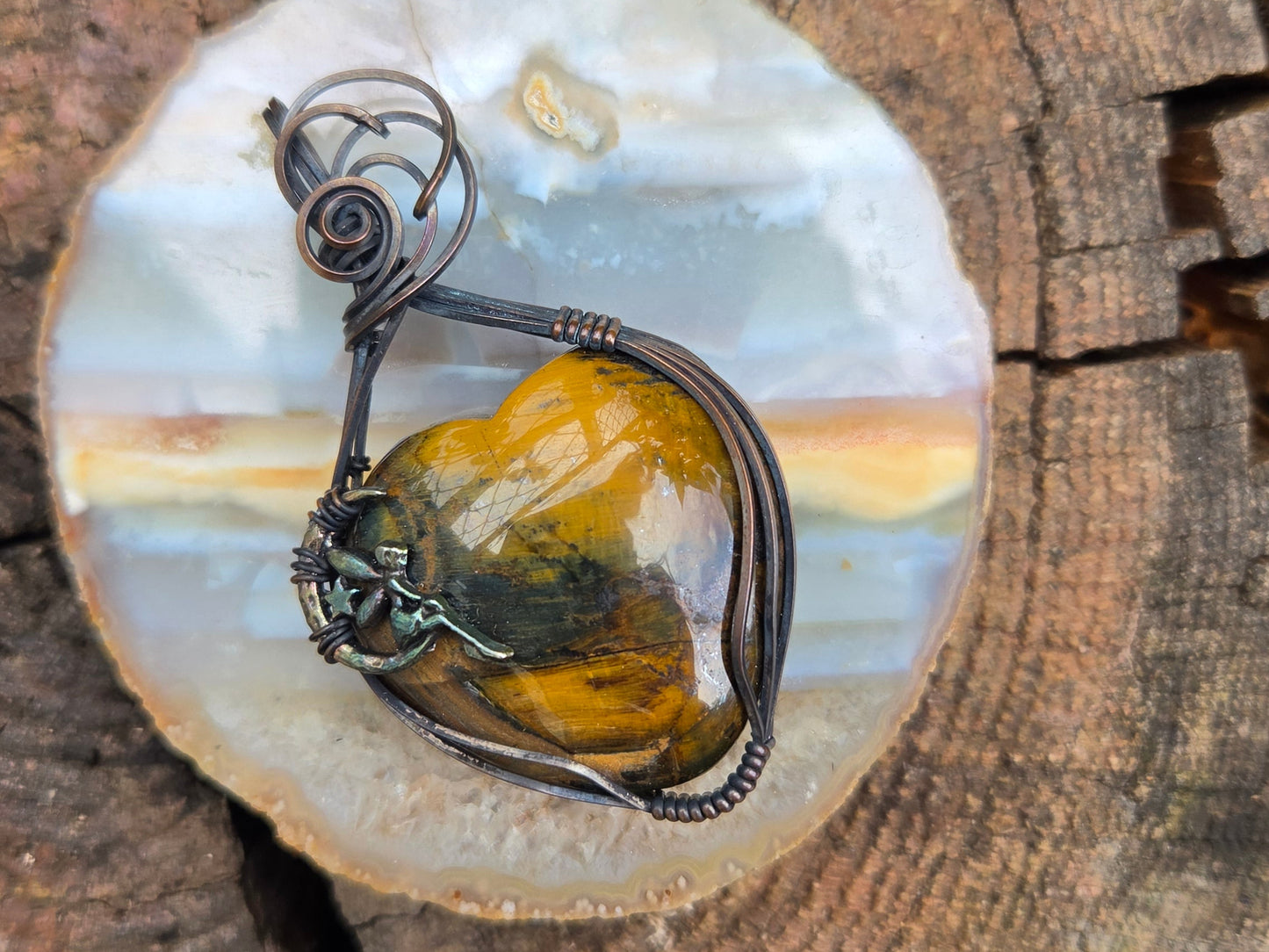 Tigers Eye Heart with Crescent Moon & Fairy Charm Pendant