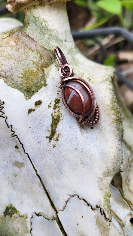 Orange Banded Agate Oxidized Copper Wire Wrap Pendant