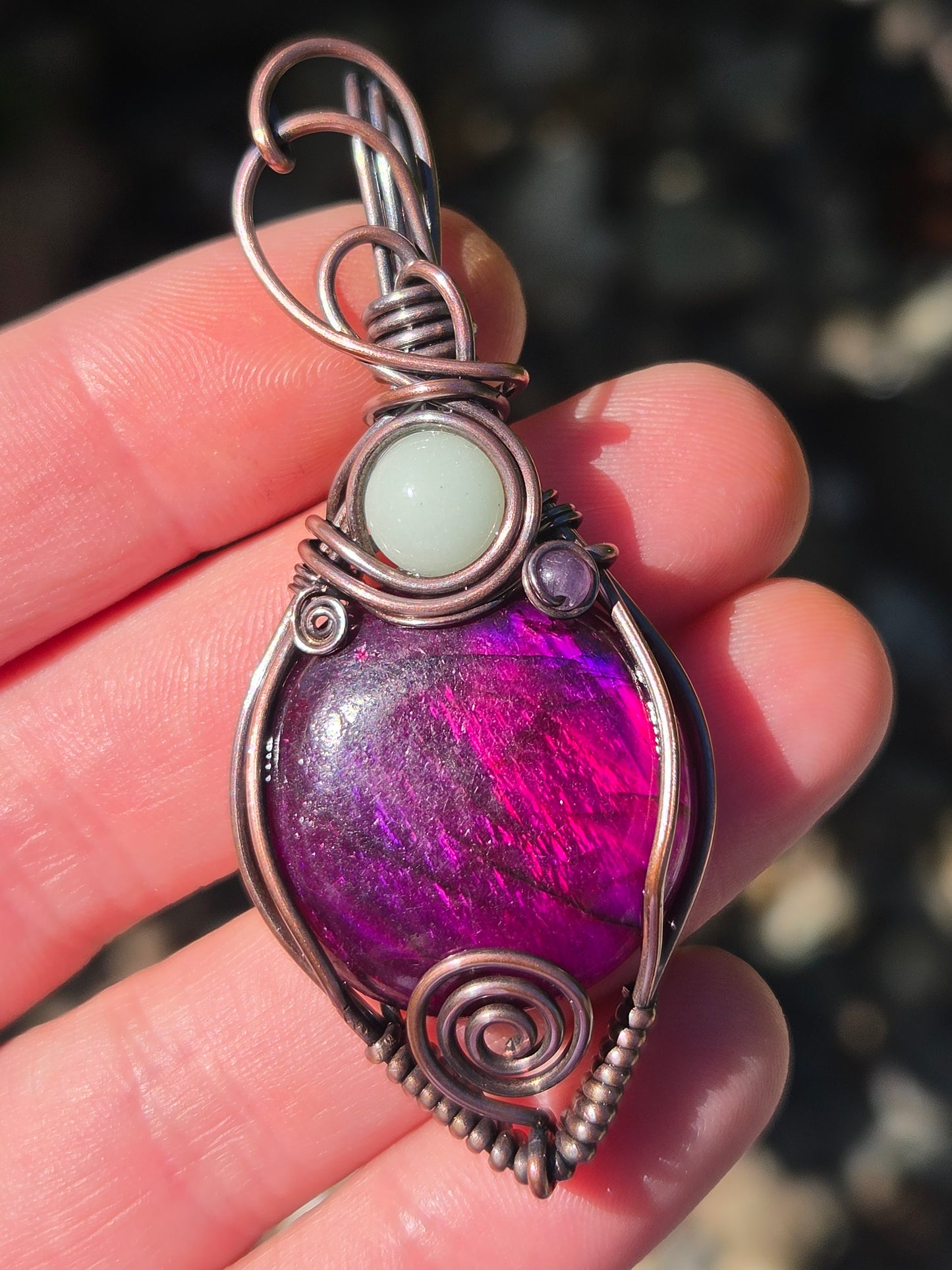 Megenta Enhanced Labradorite Copper Wire Wrap Pendant  w/ Blue Glow Stone and Amethyst Accents
