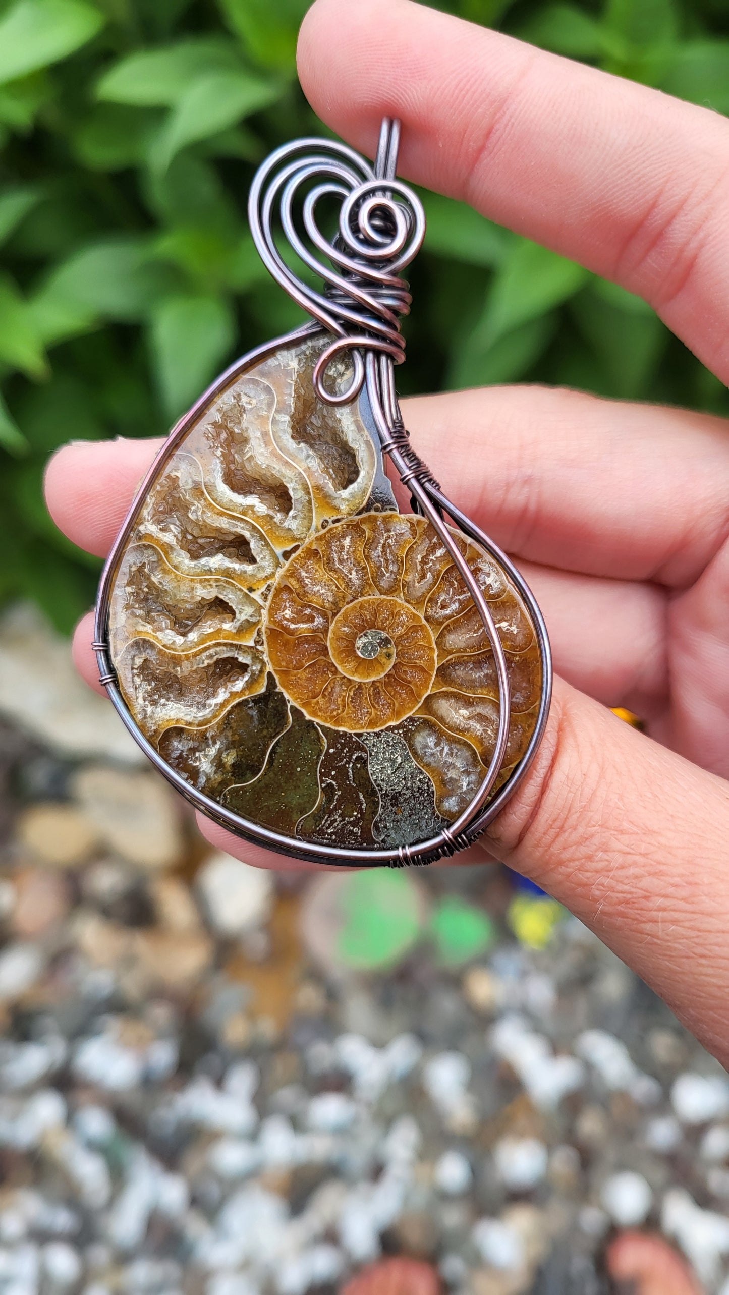 Ammonite Fossil w/ Druzy Crystals Copper Wire Wrap Pendant