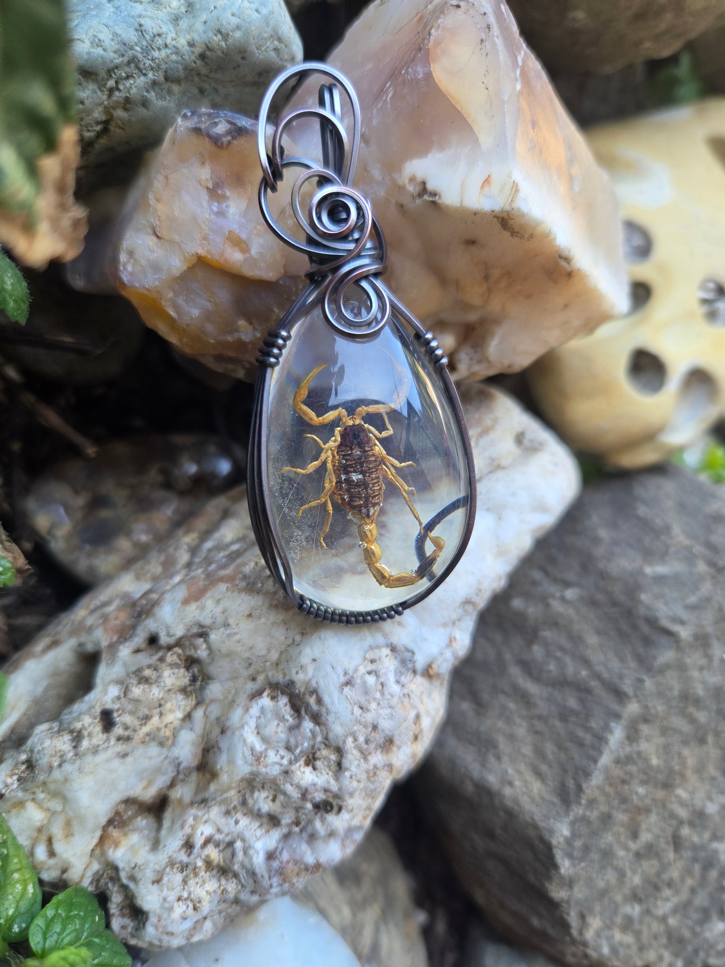 Handcrafted Oxidized Copper Wire Wrap Pendant w/ Resin Scorpion Cabochon