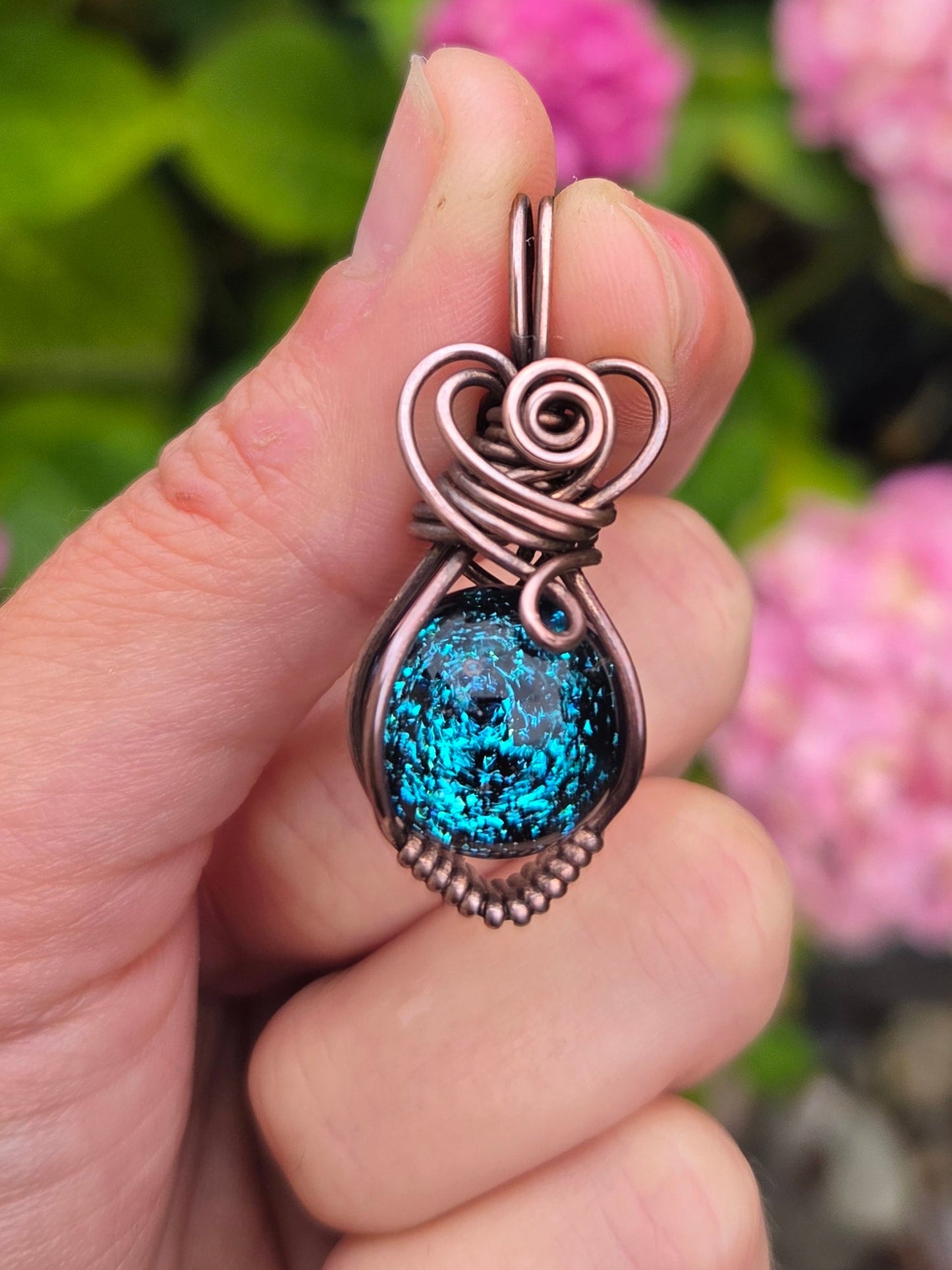 Blue Dichro Glass Marble Copper Wire Wrap Pendant