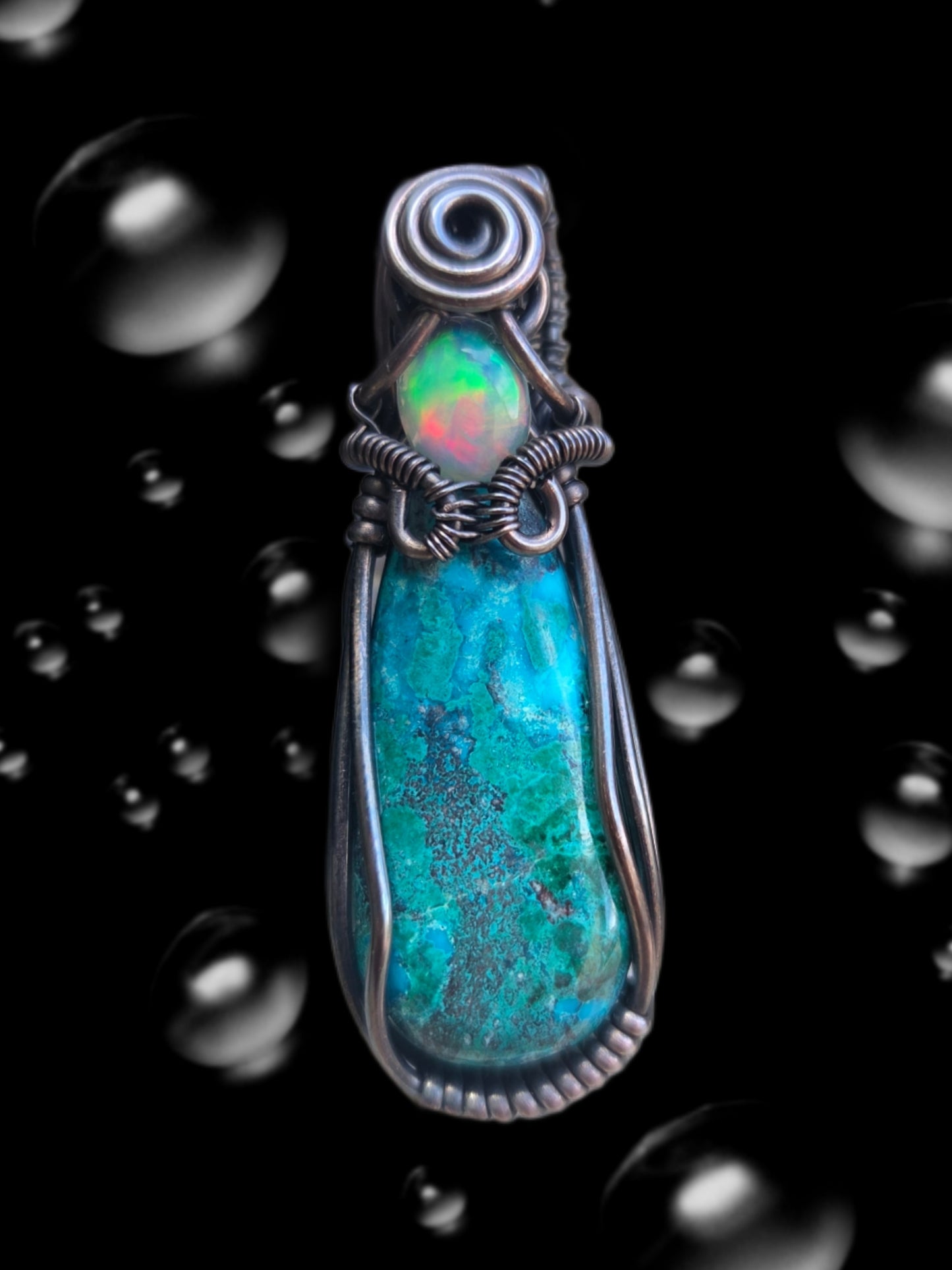 Chrysocolla/Malachite Copper Wire Wrap Pendant with Opal Accent