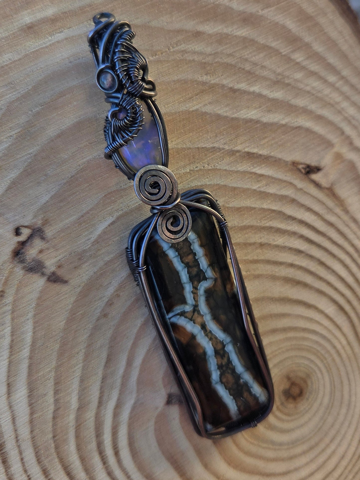 Opalized Mammoth Tooth Fossil,  Blue Fire Opal with Labradorite Accent Pendant
