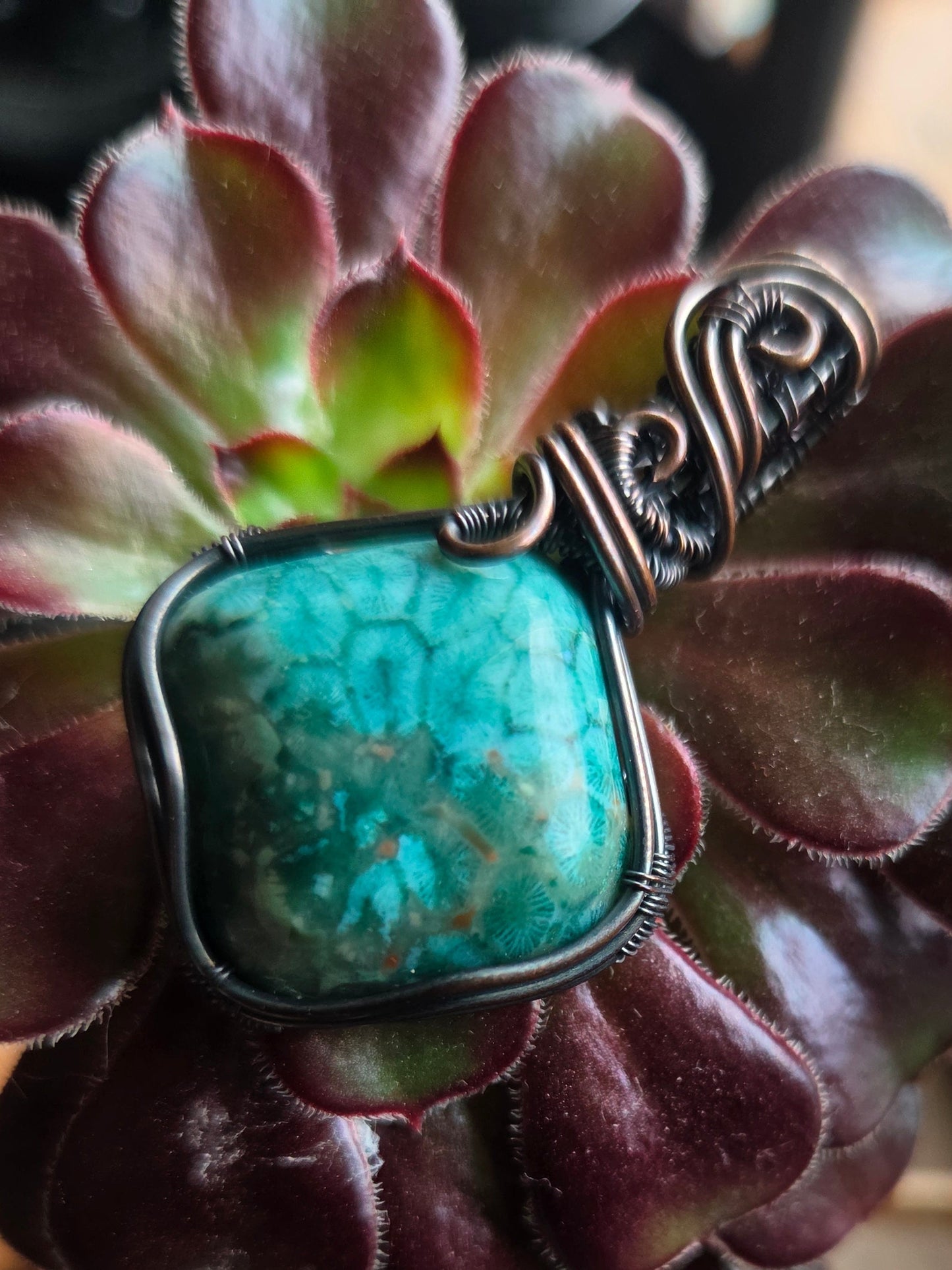 Fossilized Blue Coral Cabochon Copper Pendant