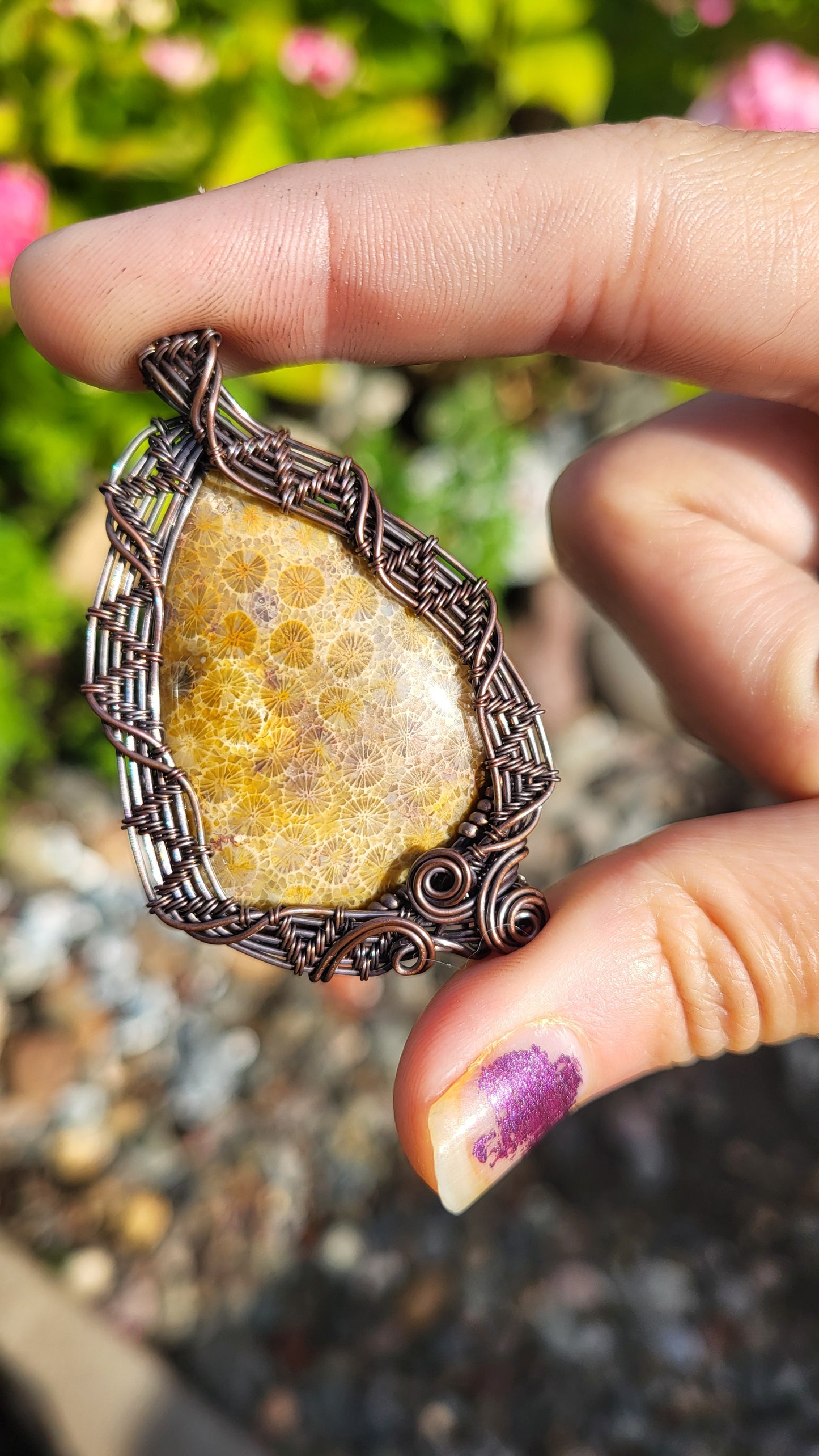 Chrysanthemum Coral Fossil Copper Wire Wrap Pendant