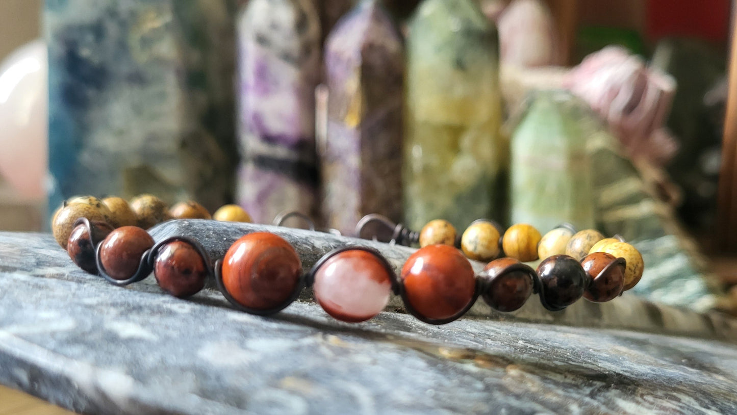 Copper Wire Wrap Stone Bead Bracelet Sz.  7.5
