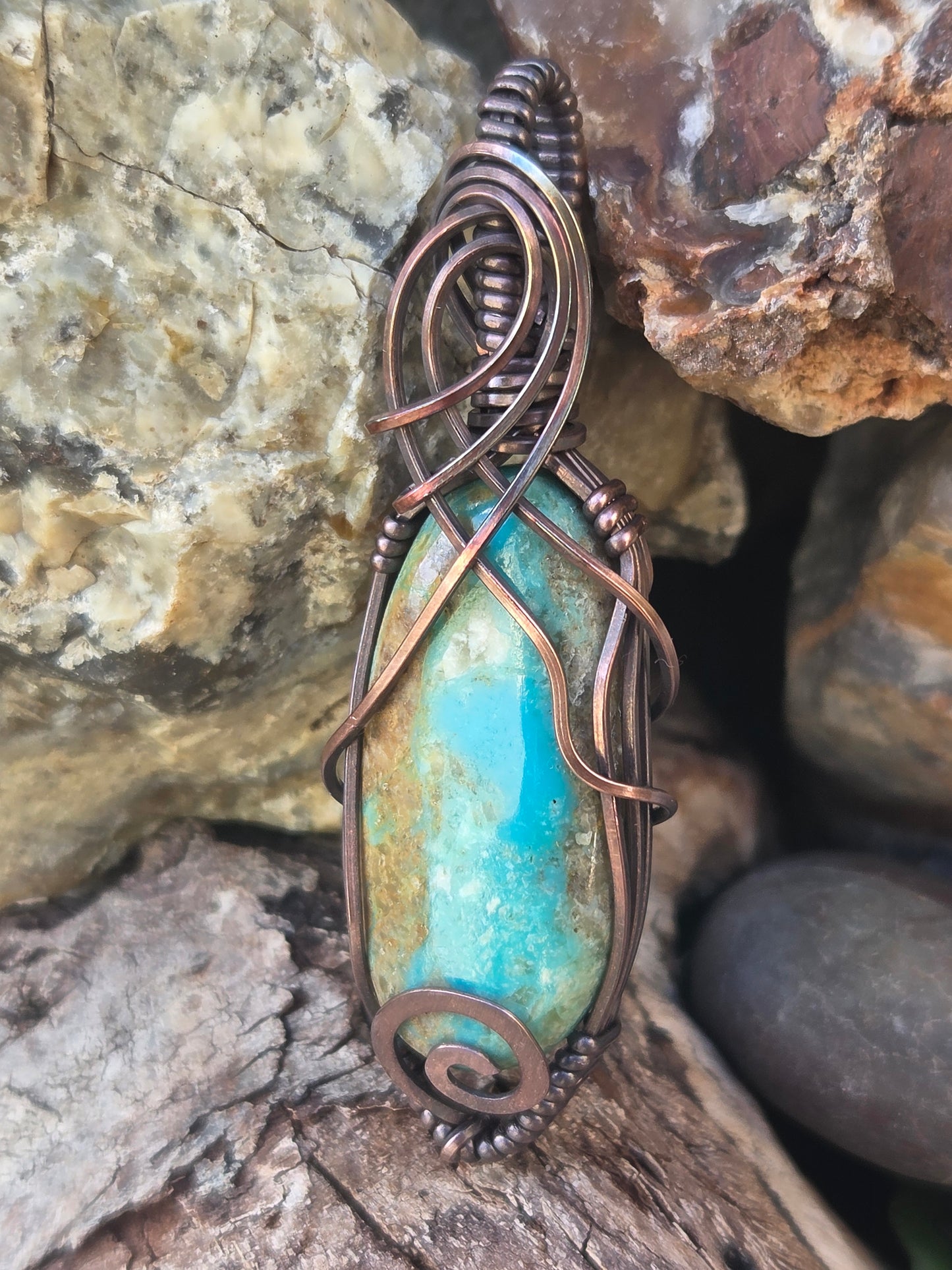 Royston Turquoise Cabochon Copper Wire Wrap Pendant