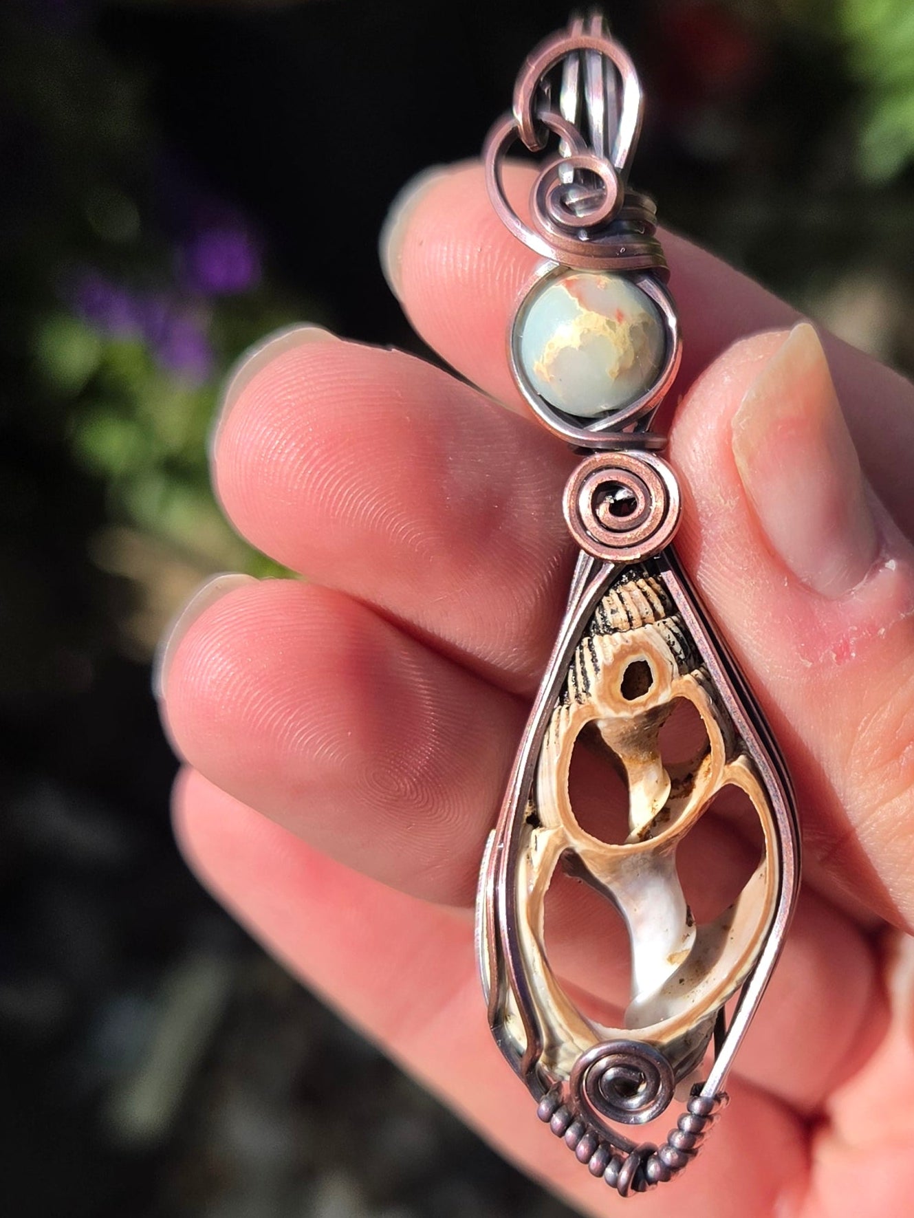 Center Cut Seashell With Shoushan Stone Accent Copper Totem Pendant