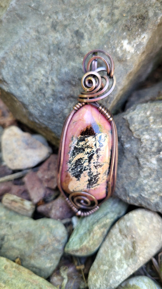 Rhodonite Copper Wire Wrap Pendant