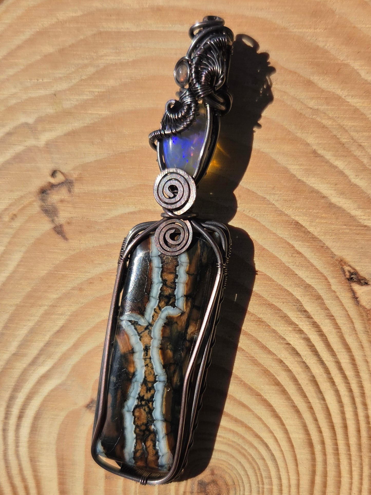 Opalized Mammoth Tooth Fossil,  Blue Fire Opal with Labradorite Accent Pendant