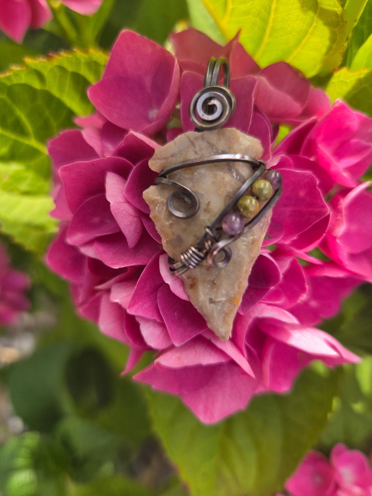 Chert Arrowhead Pendant w/ Amethyst & Unakite Bead Accents