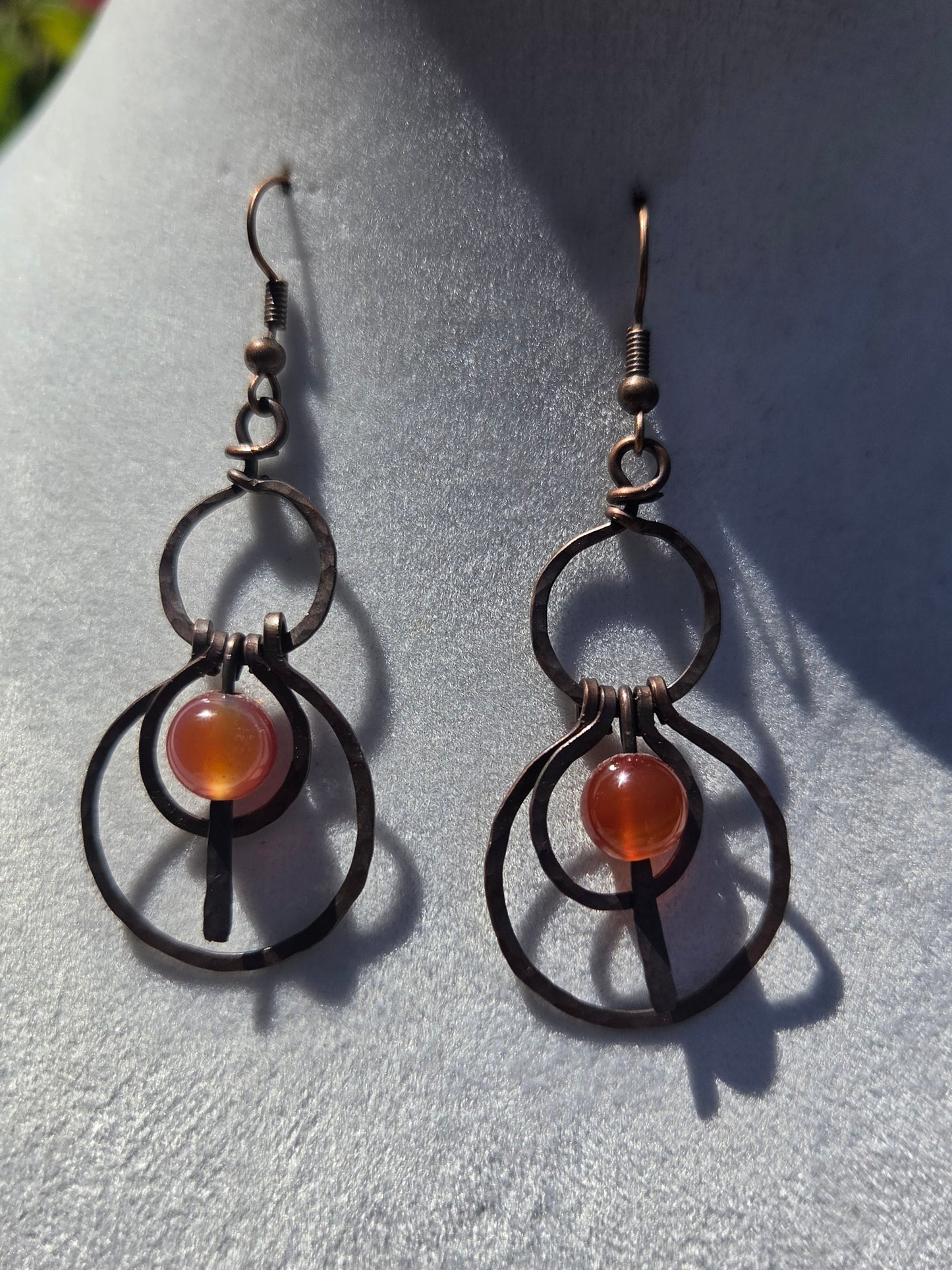 Hammered Copper Earrings with Carnelian Bead Accents