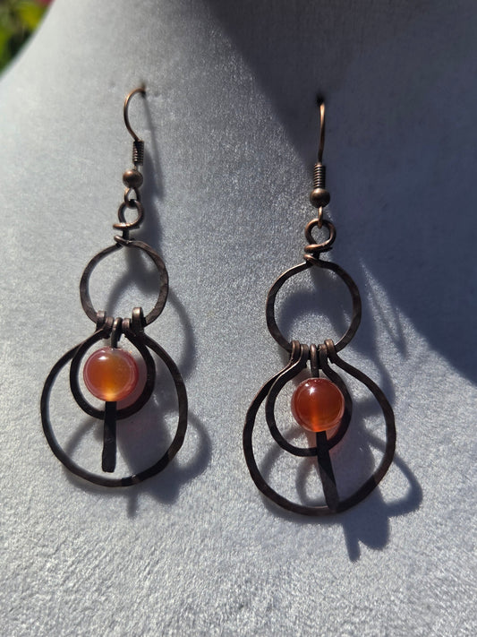 Hammered Copper Earrings with Carnelian Bead Accents