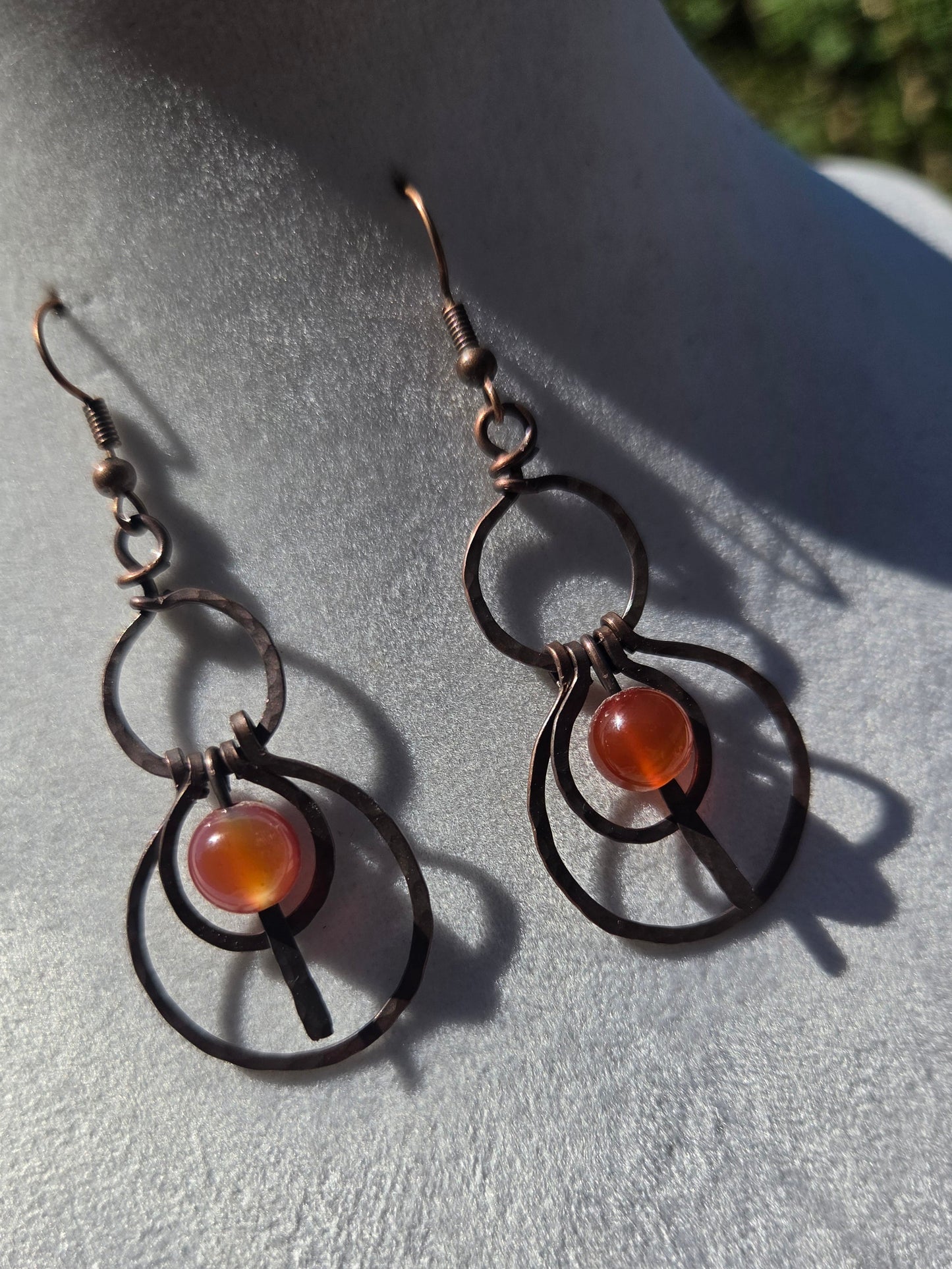 Hammered Copper Earrings with Carnelian Bead Accents